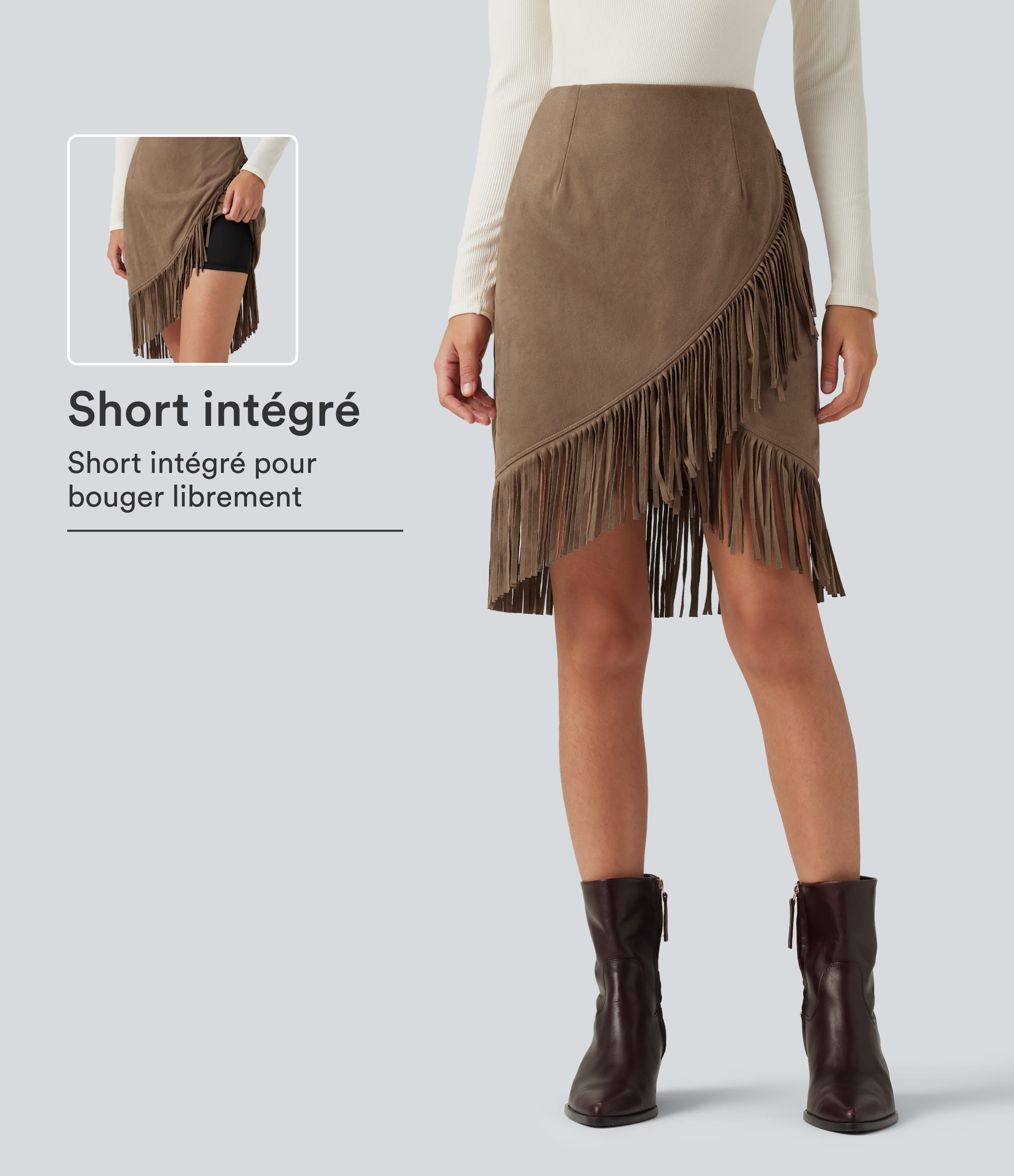 Coca Mocha Jupe-short midi de soirée en suédine taille haute à franges / 1