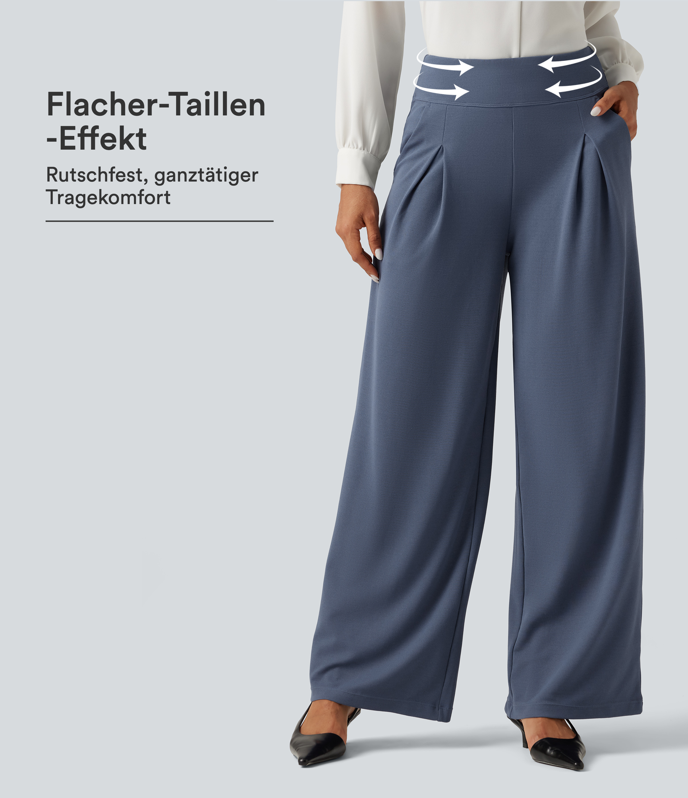 Bürohose mit hohem Bund, Seitentaschen und weitem Bein