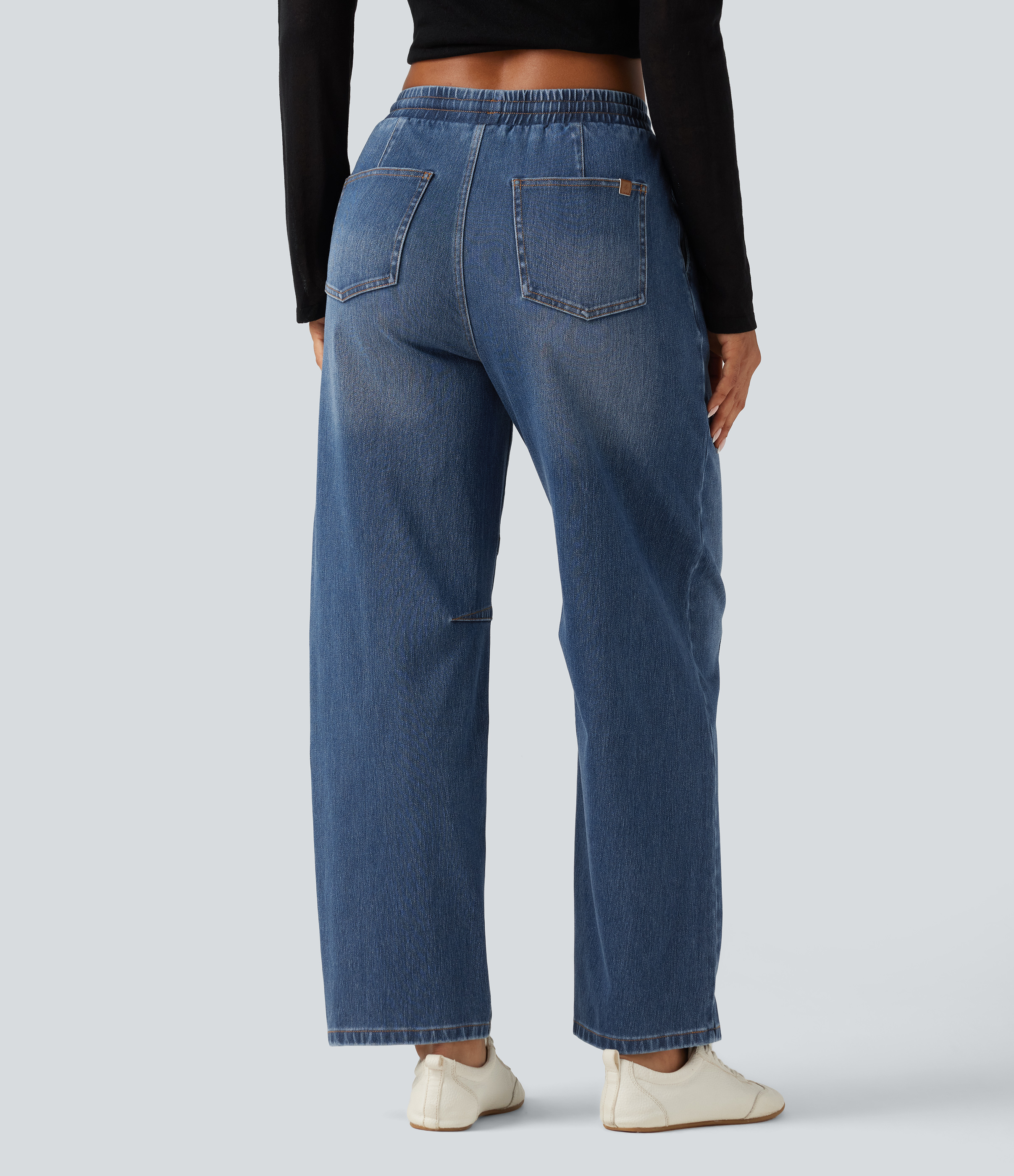Tide Blue Denim Halara Flex™ Mid Rise Drawstring Barrel Leg Casual Jeans with Pockets / 2