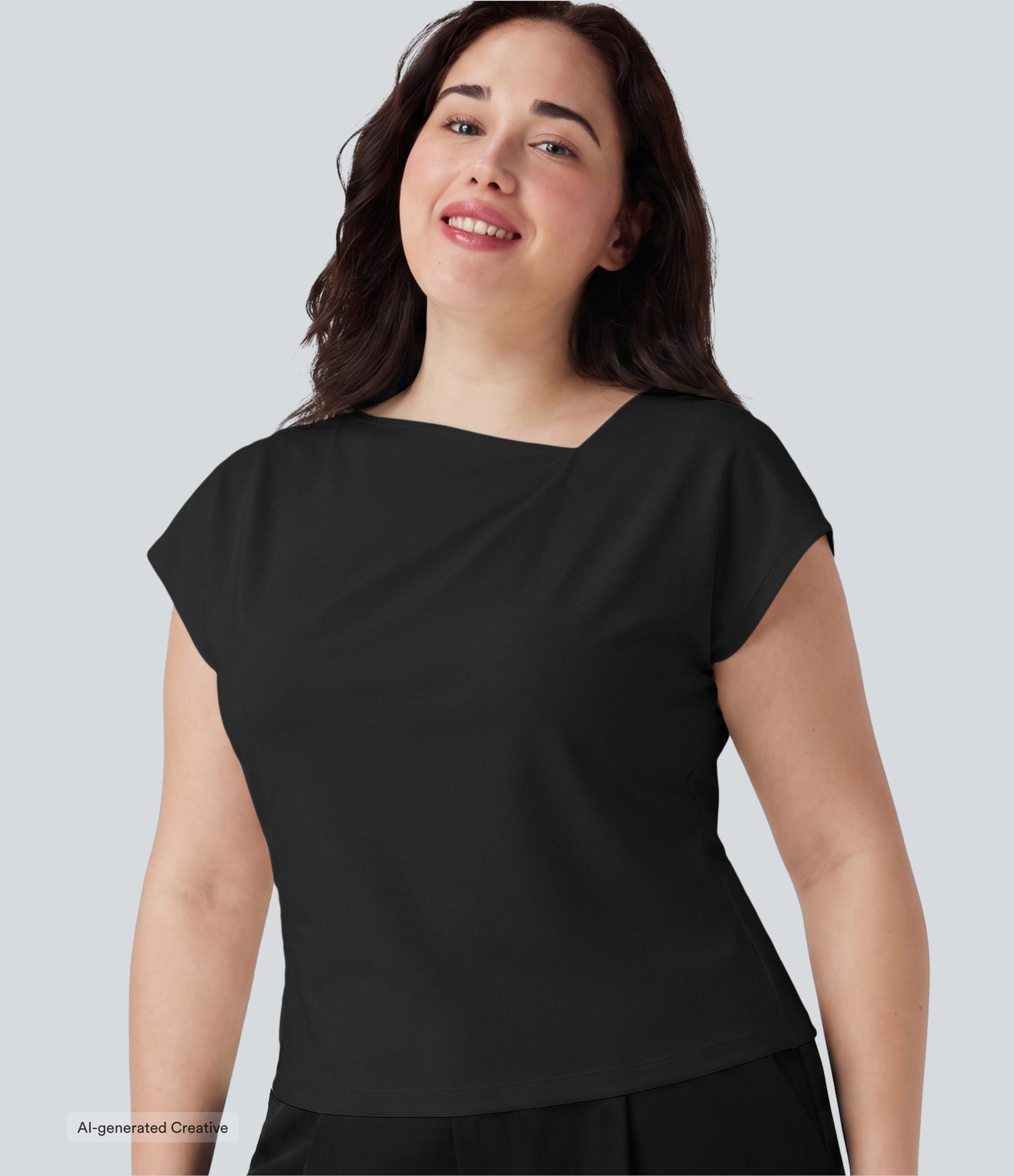 Plus Size Asymmetric Cowl Neck Short Sleeve Ruched Split Hem Work Blouse