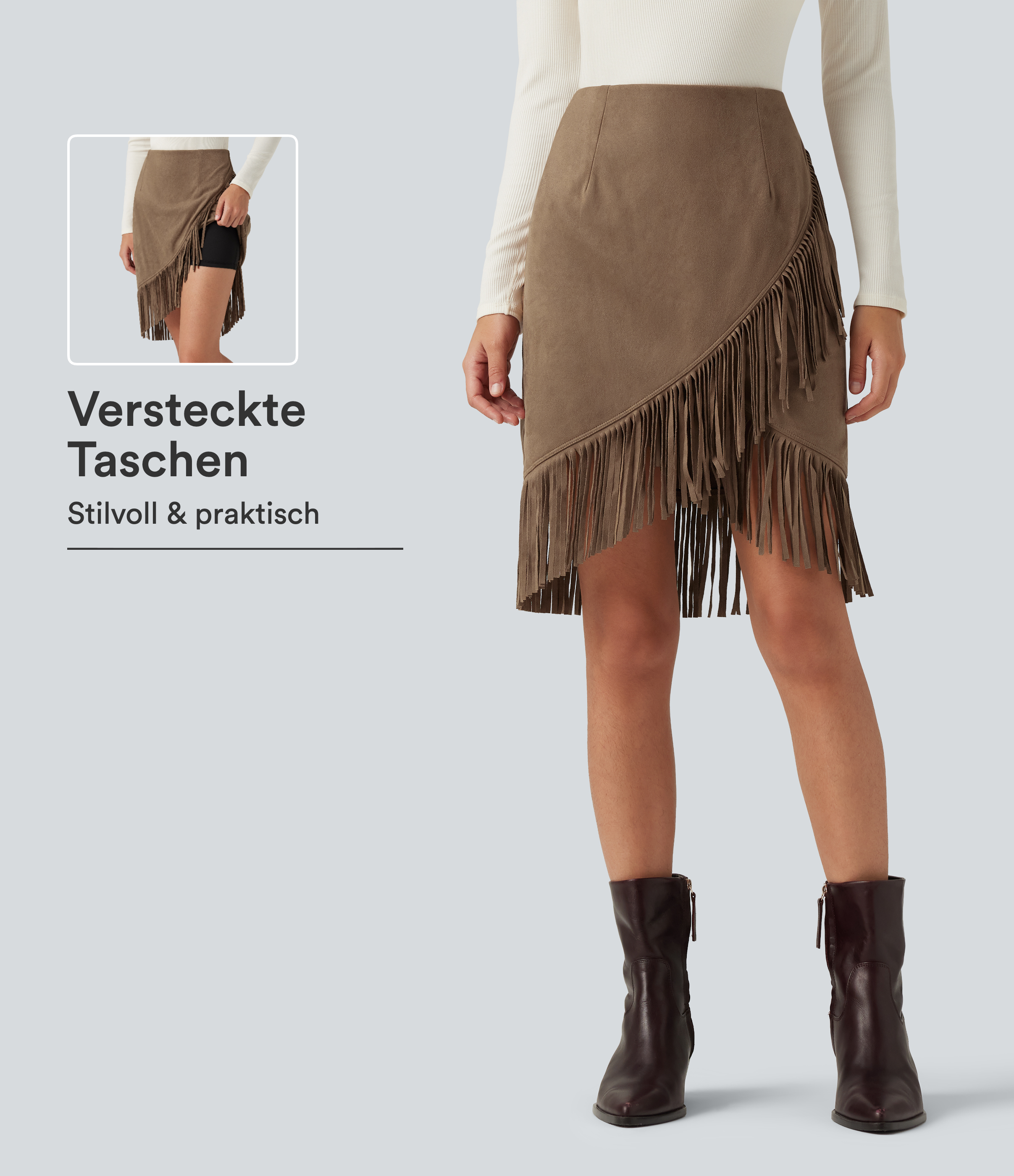 2-in-1 Party-Midirock aus Wildleder mit hohem Bund und Fransensaum