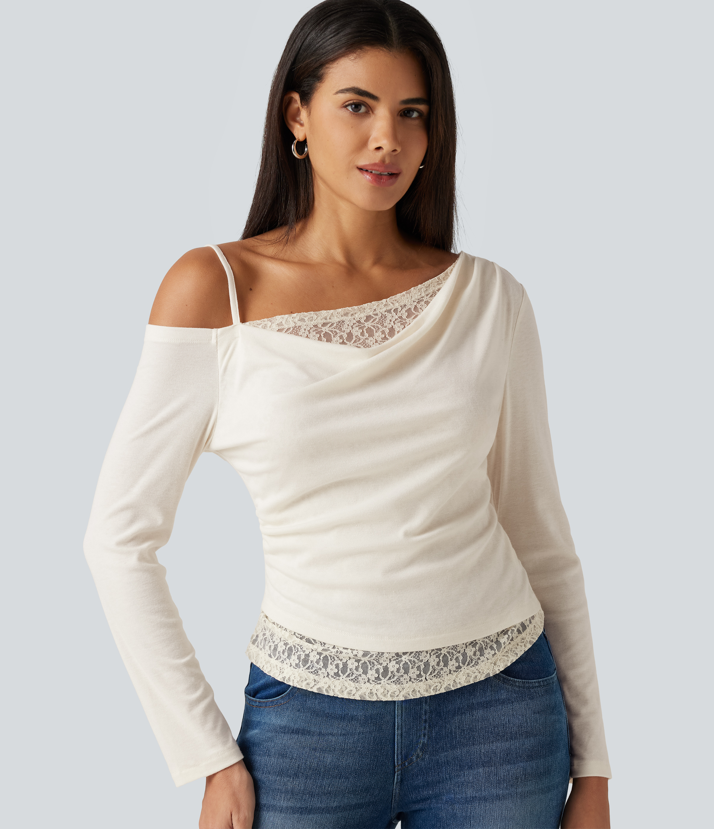 One Shoulder Long Sleeve 2-in-1 Contrast Lace Casual Top