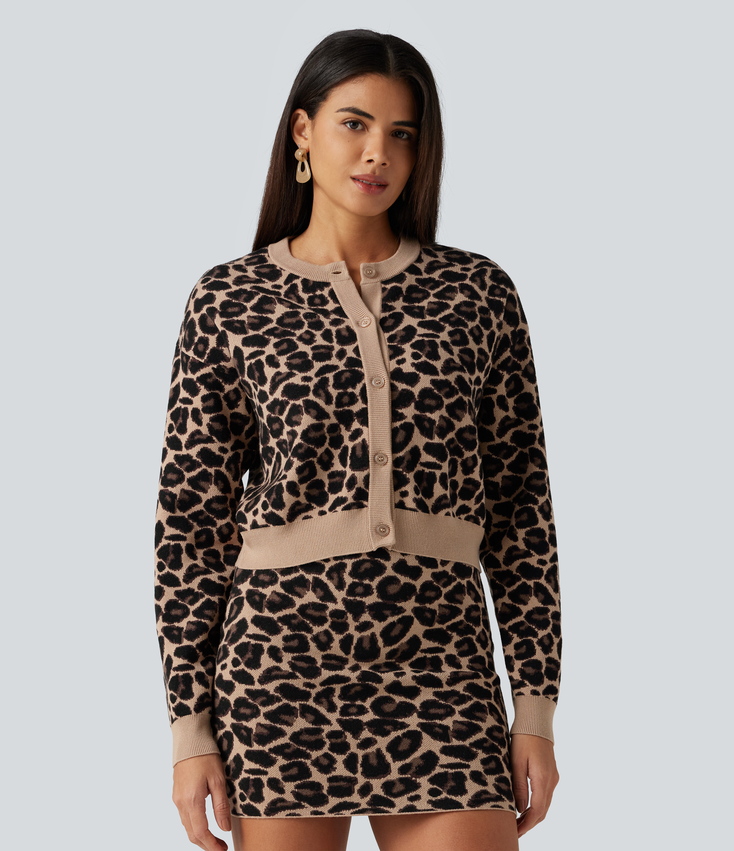 Round Neck Long Sleeve Leopard Print Casual Cardigan