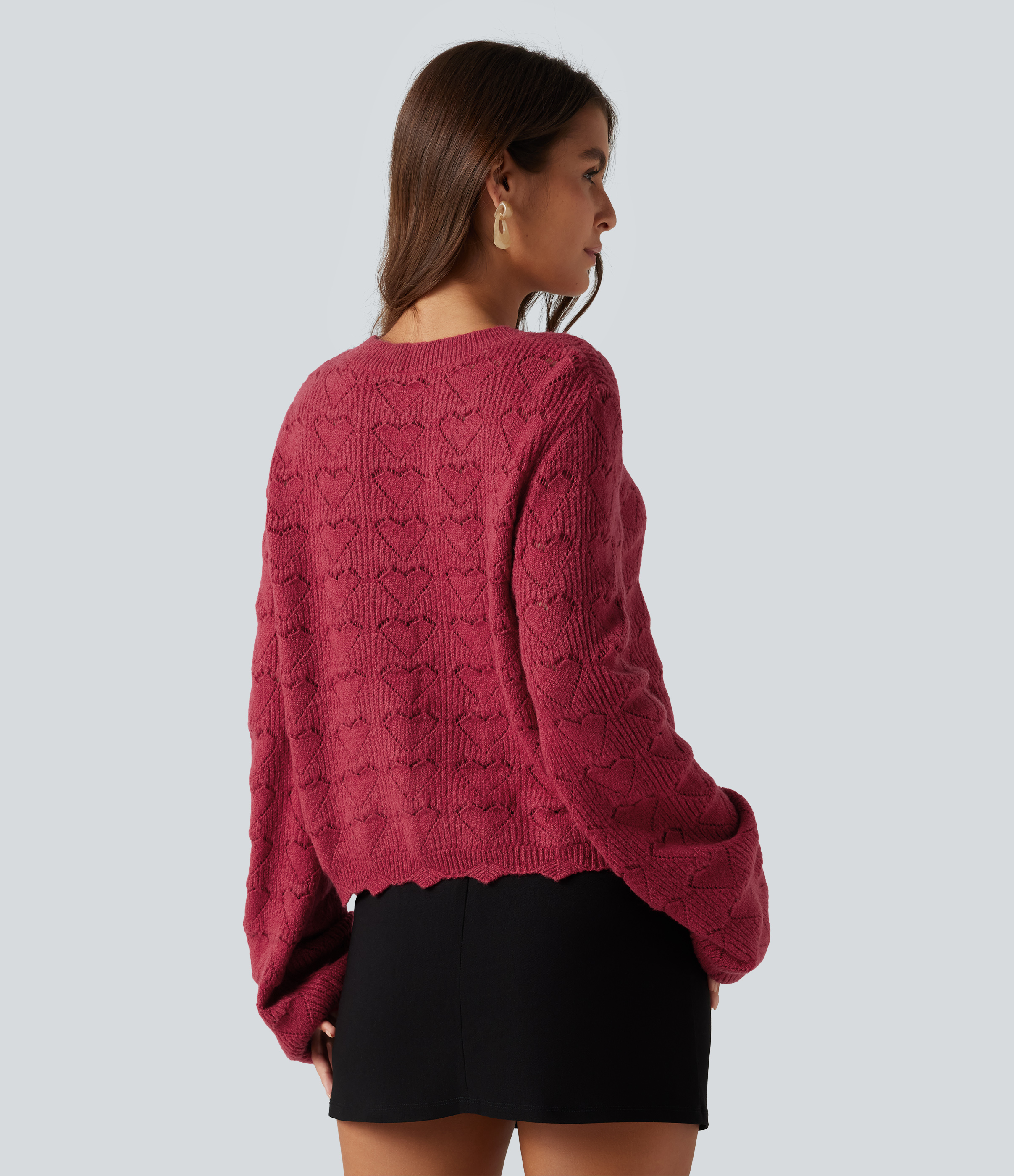 Karanda Red Round Neck Dropped Shoulder Long Sleeve Casual Sweater / 2