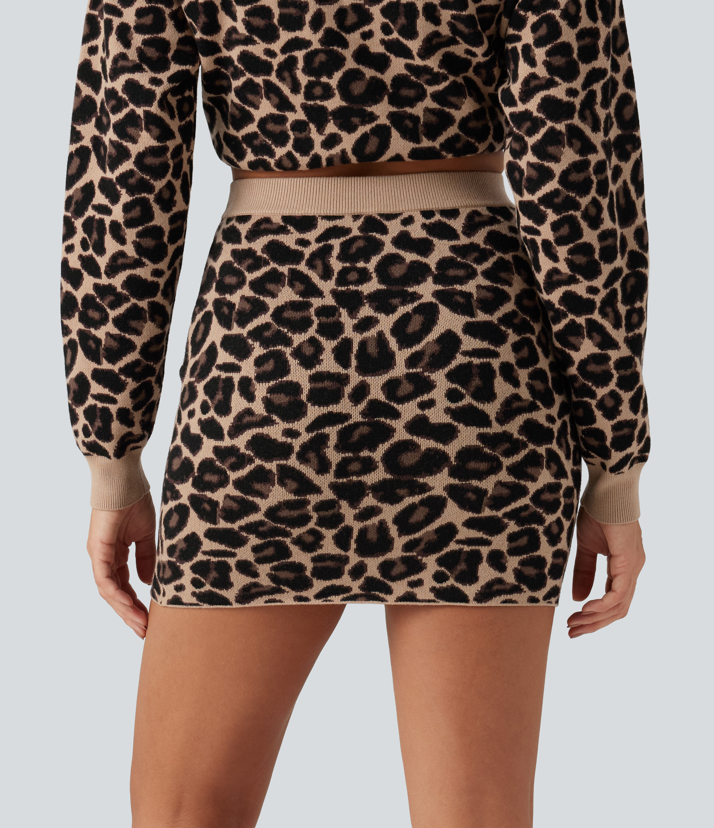 Black Coffee Leopard Print High Waisted Leopard Print Bodycon Casual Mini Sweater Skirt / 2