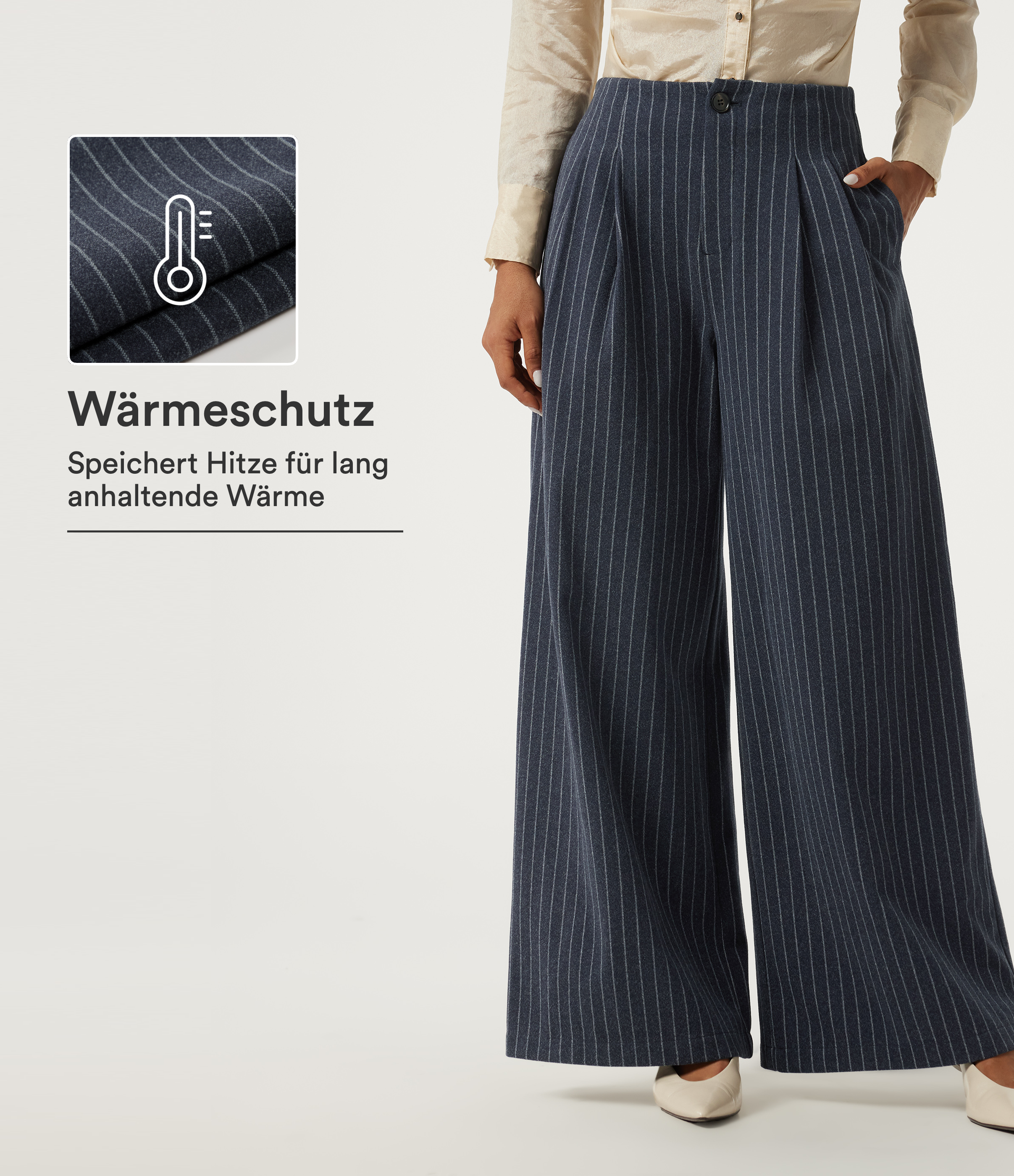 Fleece-Bürohose mit hohem Bund, Seitentaschen, Streifen und weitem Bein