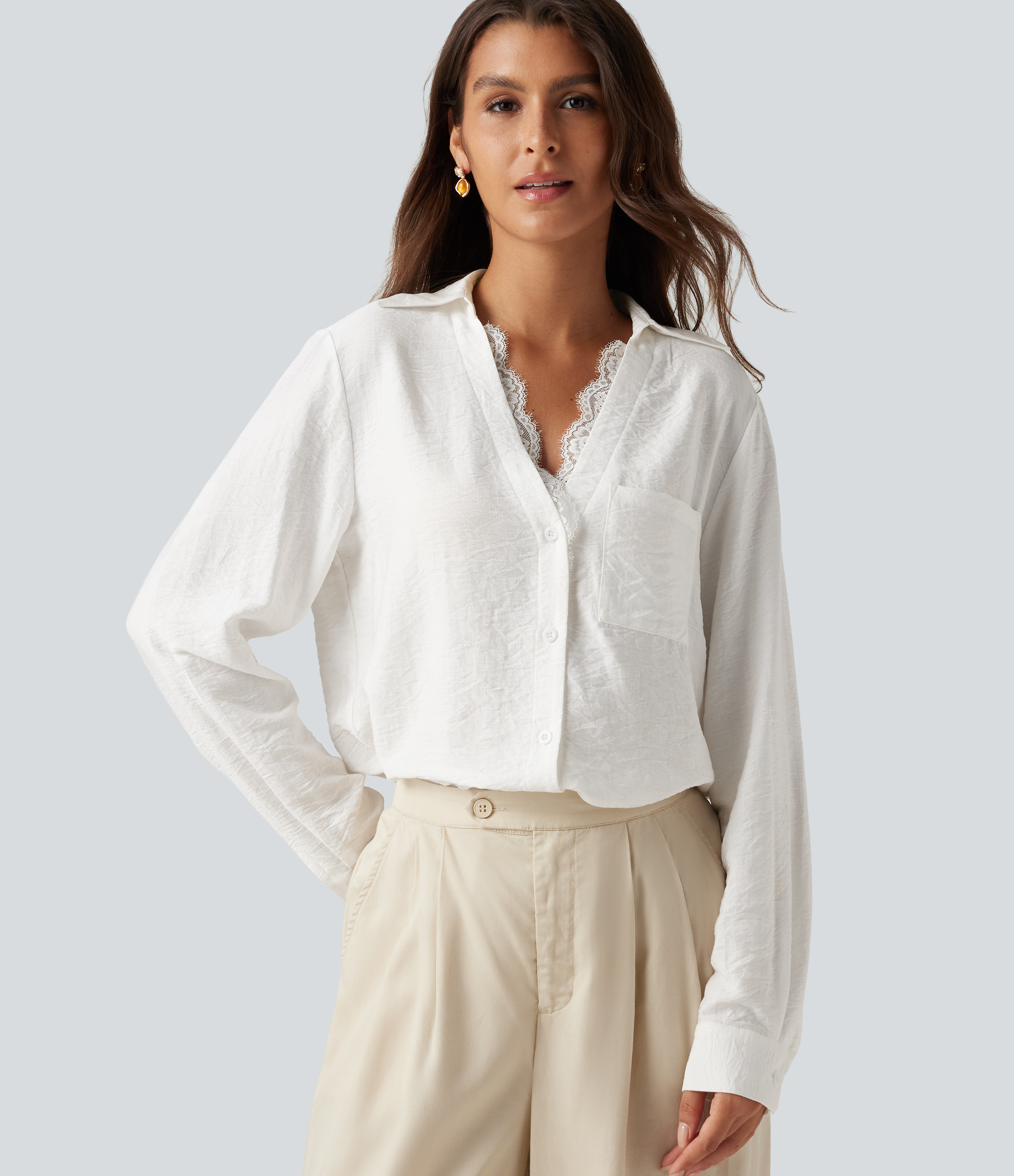 Chemise de bureau à encolure en V, manches longues, dentelle contrastée et poche