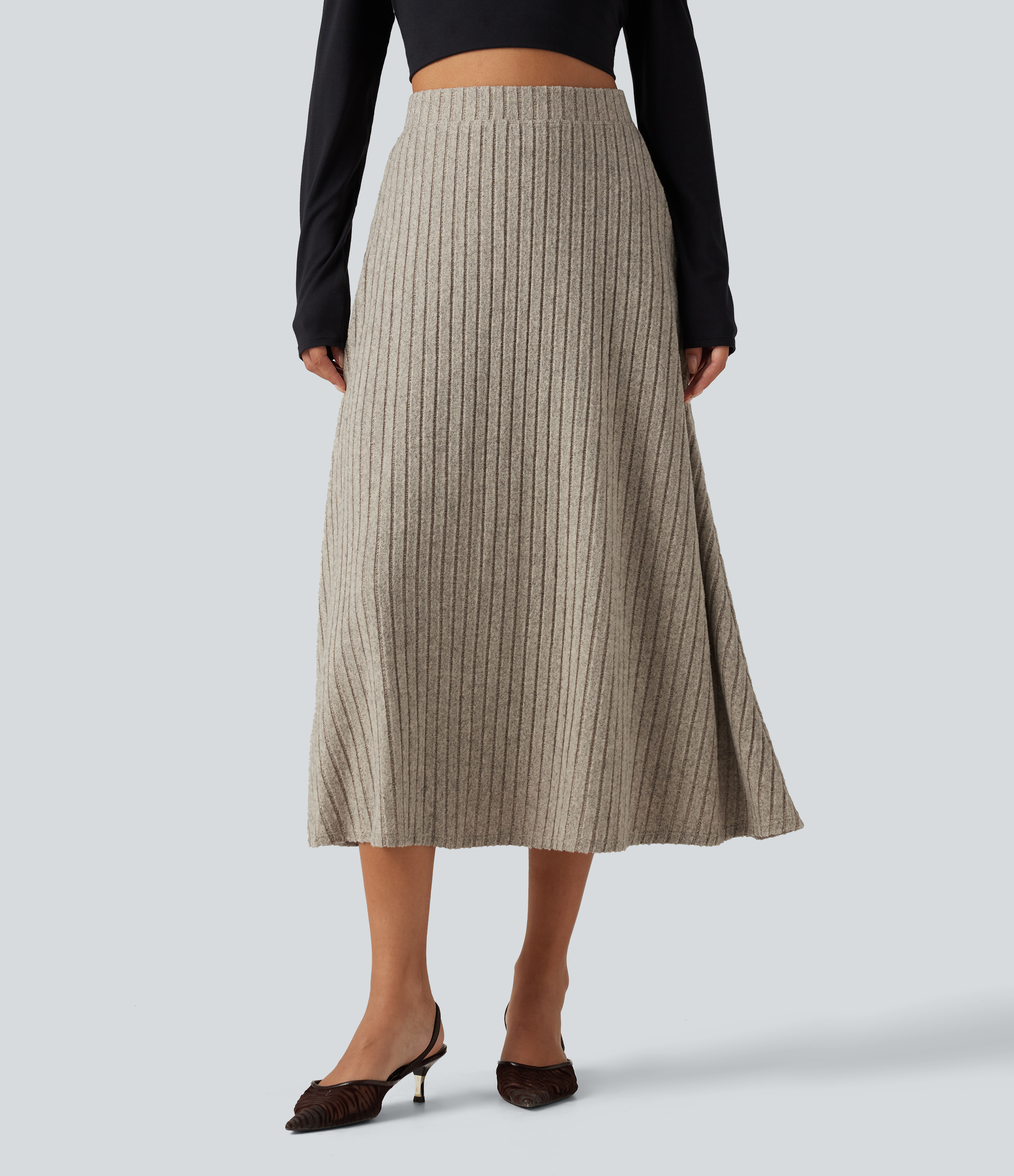 Ribbed Knit High Waisted A-Line Midi Party Skirt