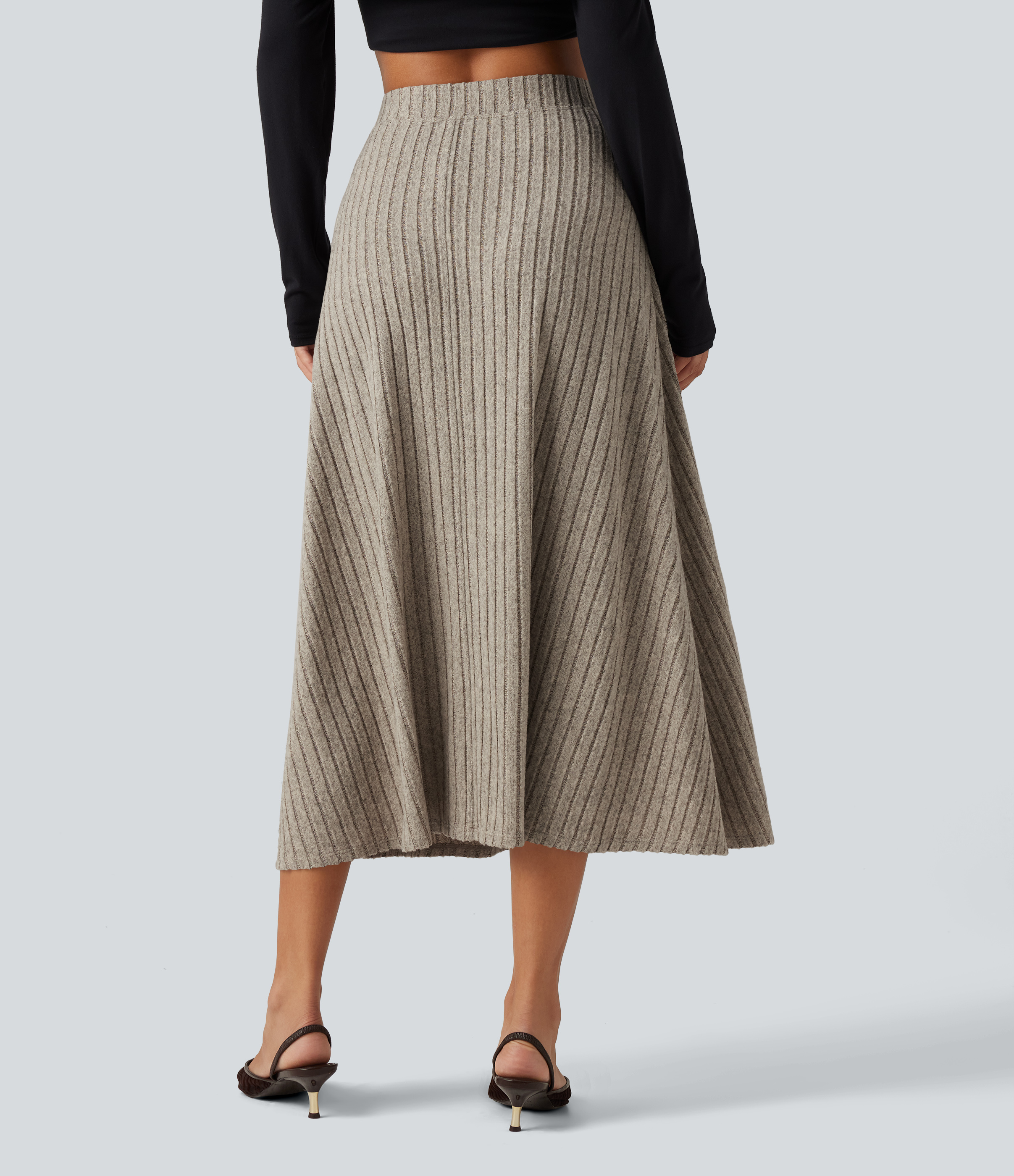 Warm Grey Floral Velvet Ribbed Knit High Waisted A-Line Midi Party Skirt / 2