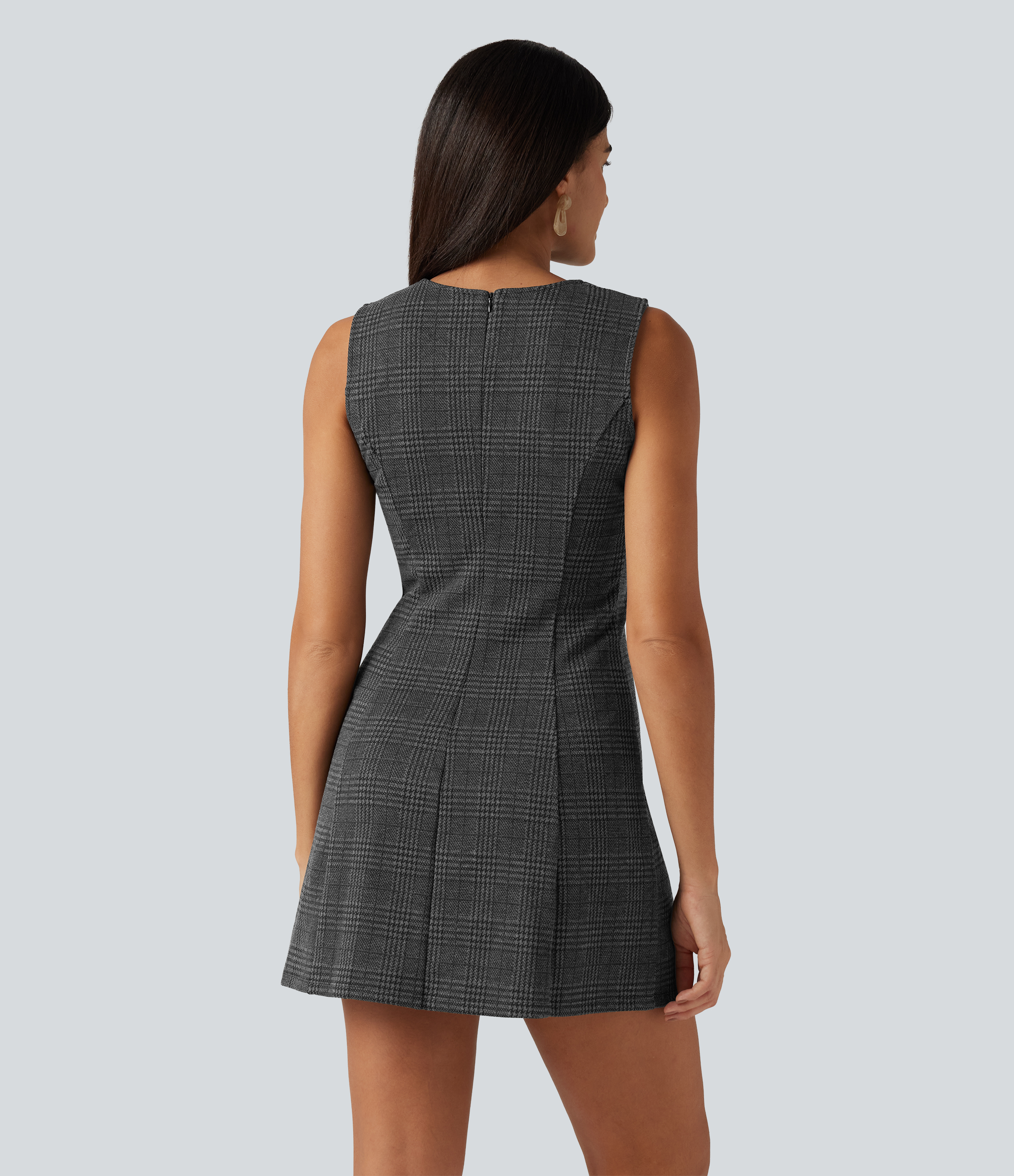 Charcoal Black Houndstooth Plaid Mini pracovní šaty s kulatým výstřihem, bez rukávů, s pepitovým vzorem / 2