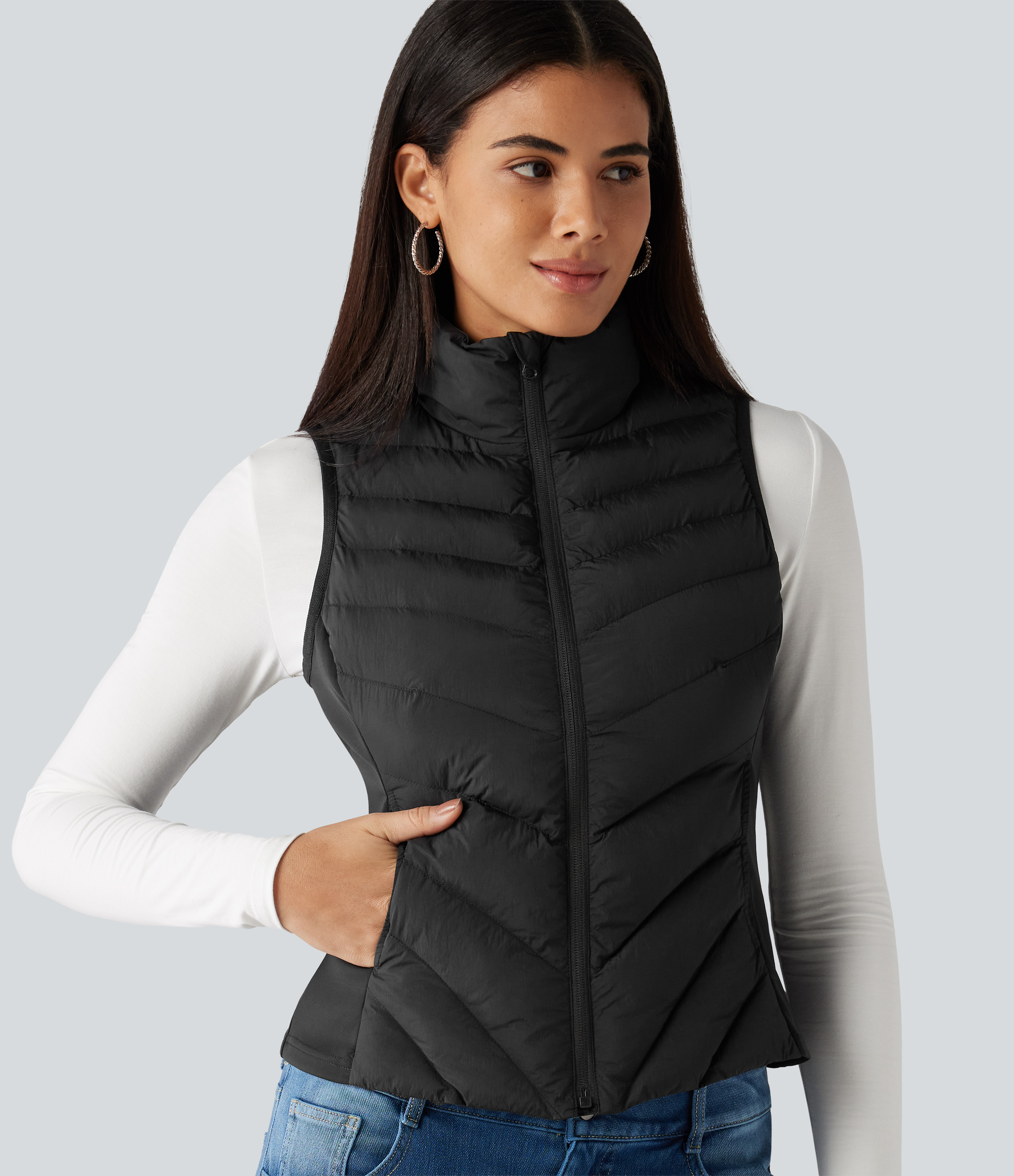 High Neck Slim Casual Padded Vest with Pockets