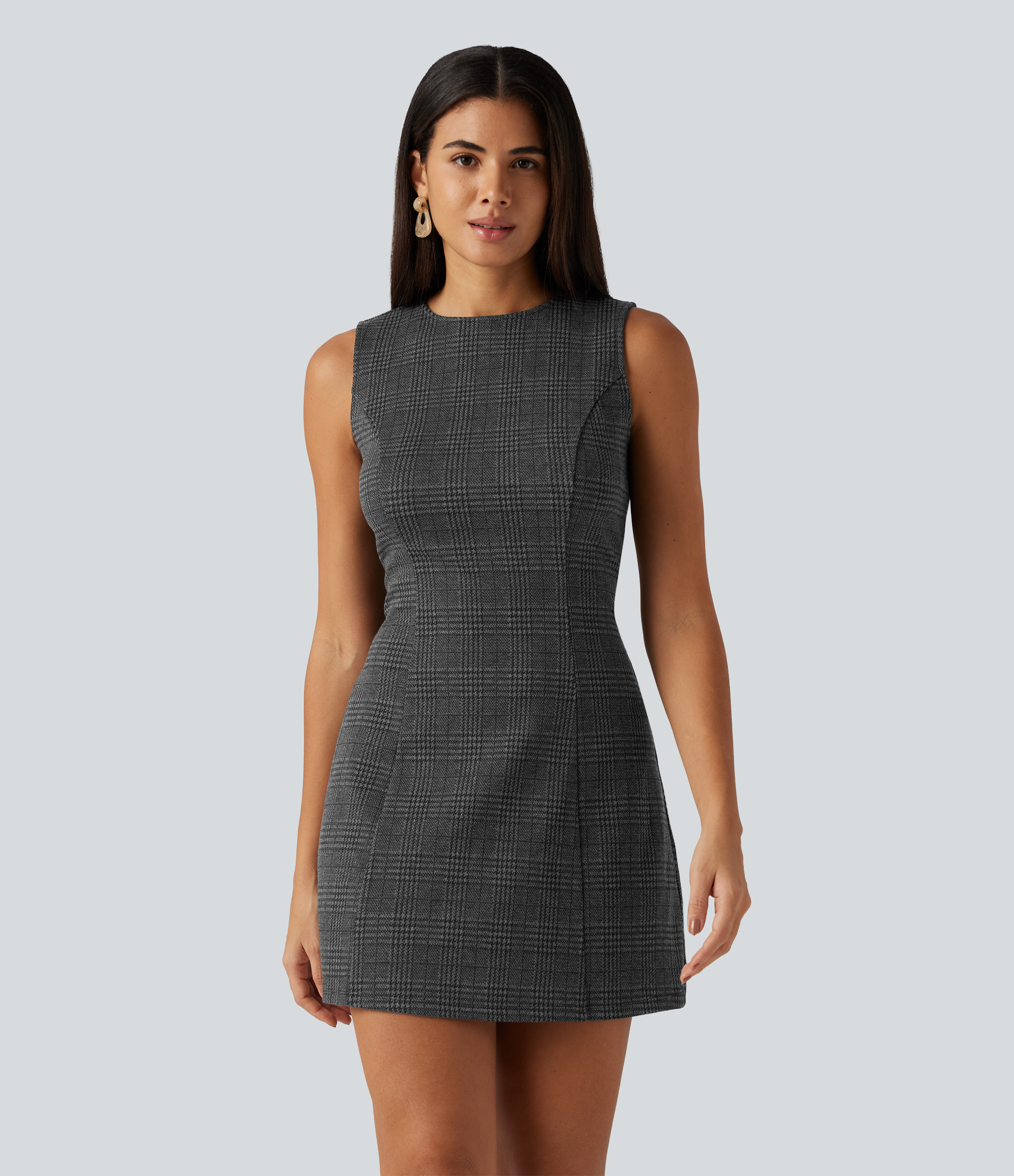 Round Neck Sleeveless Houndstooth Plaid Mini Work Dress
