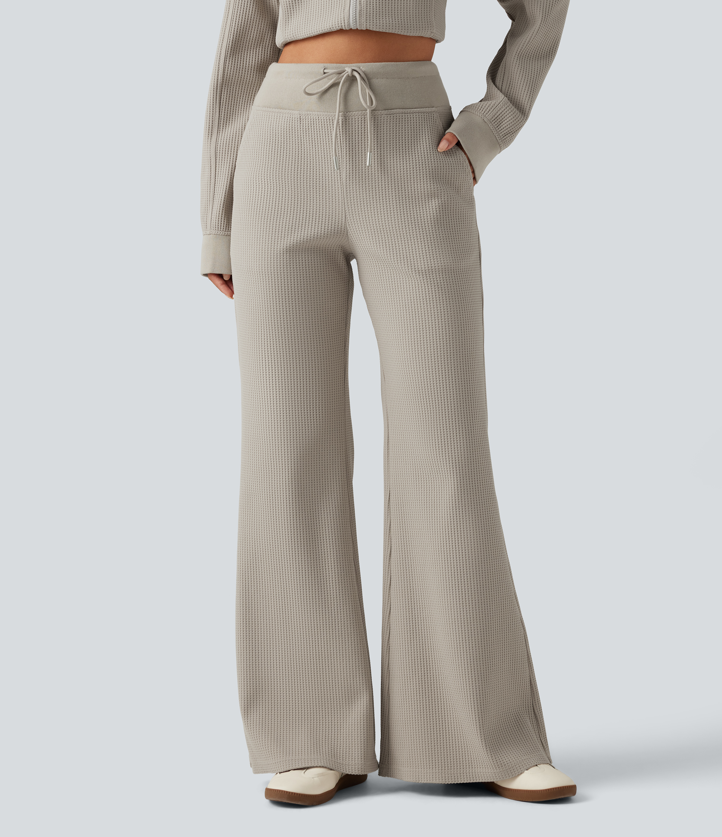 High Waisted Drawstring Waffle Baggy Casual Pants with Pockets