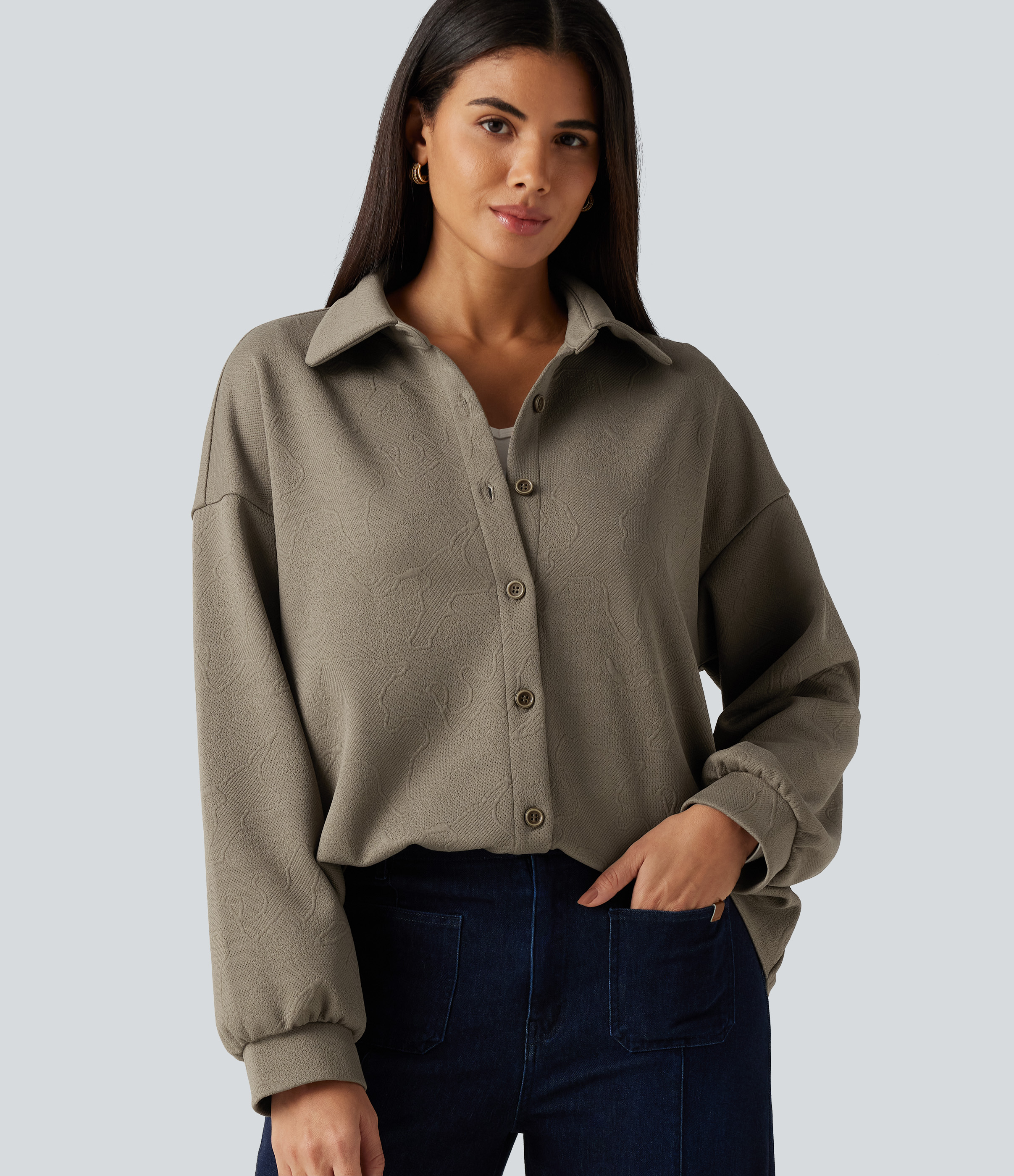 Collared Long Sleeve Geometric Print Casual Jacket