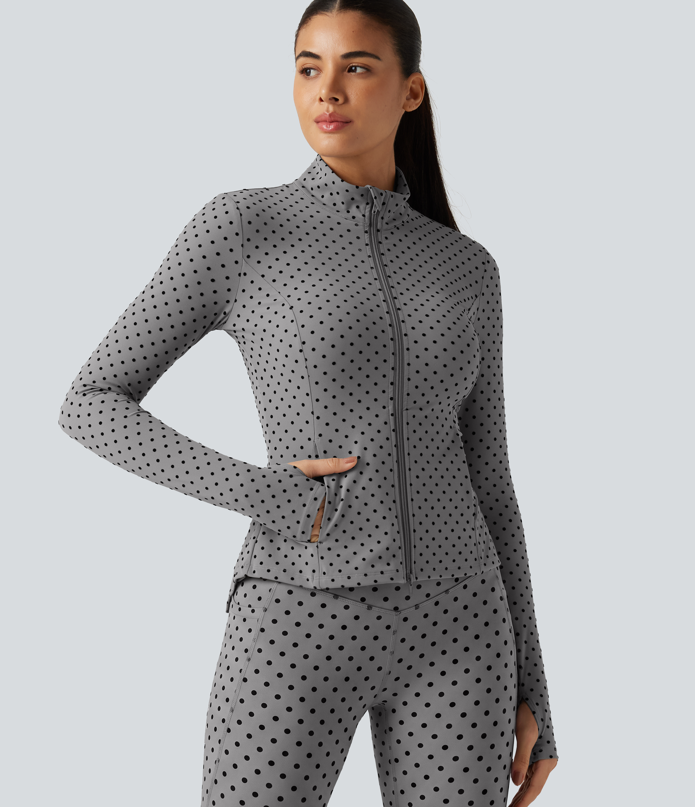 Halara UltraSculpt™ Stand Collar Long Sleeve Thumb Hole Pleated Polka Dot Yoga Jacket with Pockets