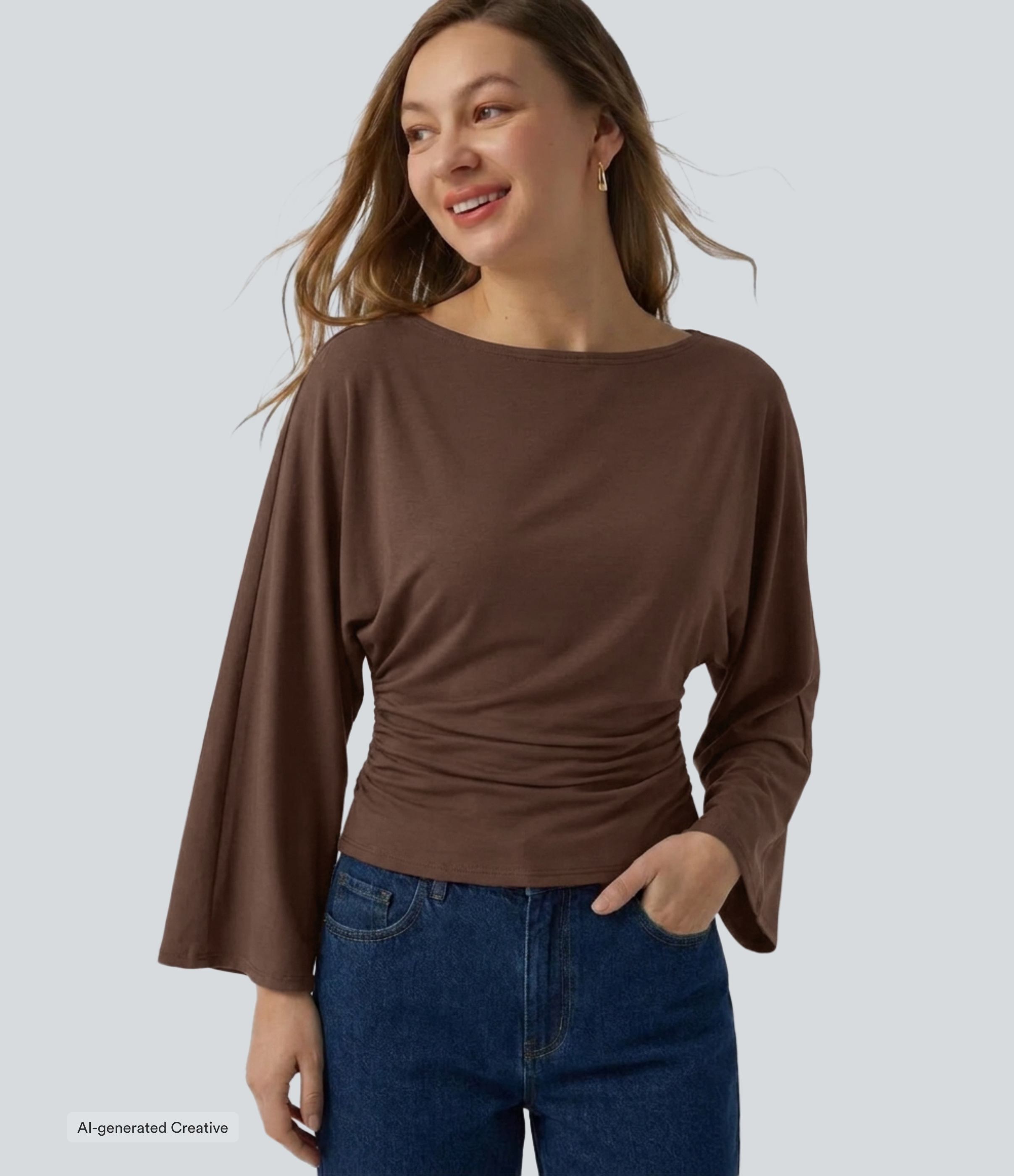 Boat Neck Flounce Long Sleeve Ruched Curved Hem Casual Top