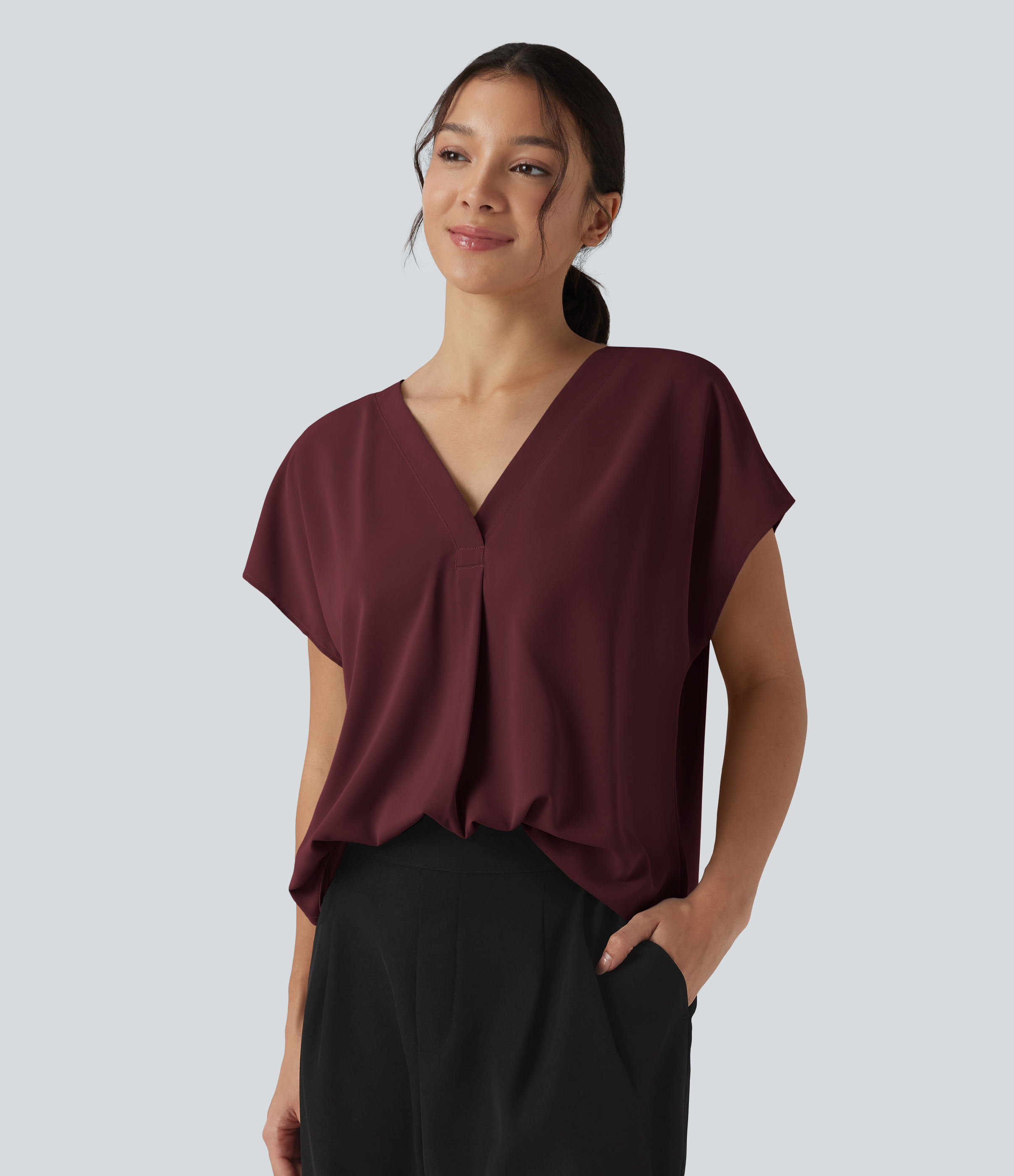 Wrinkle Recovery V-neck Short Sleeve Oversized Work Blouse
