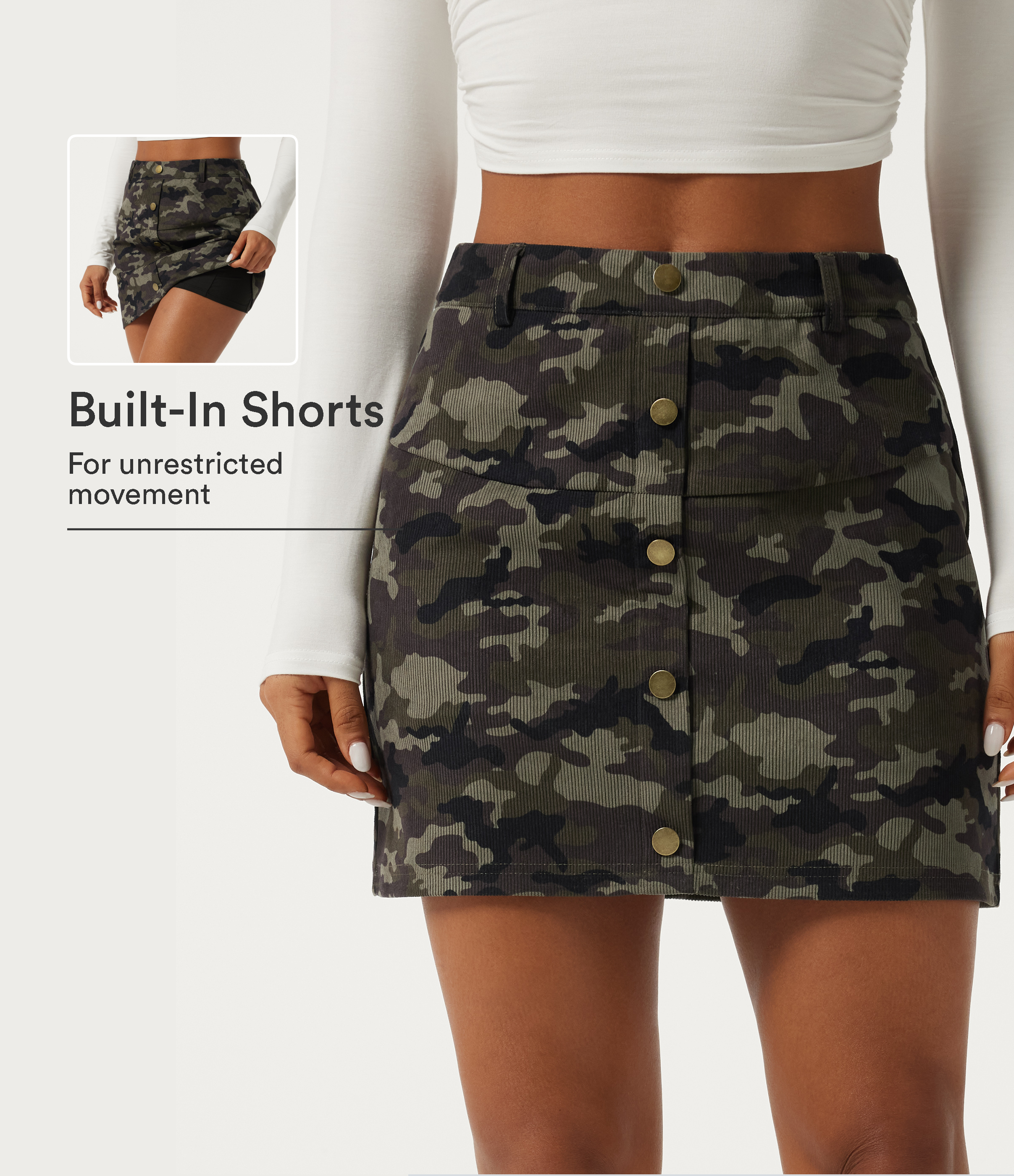High Waisted Camo 2-in-1 A Line Mini Casual Skirt with Pocket
