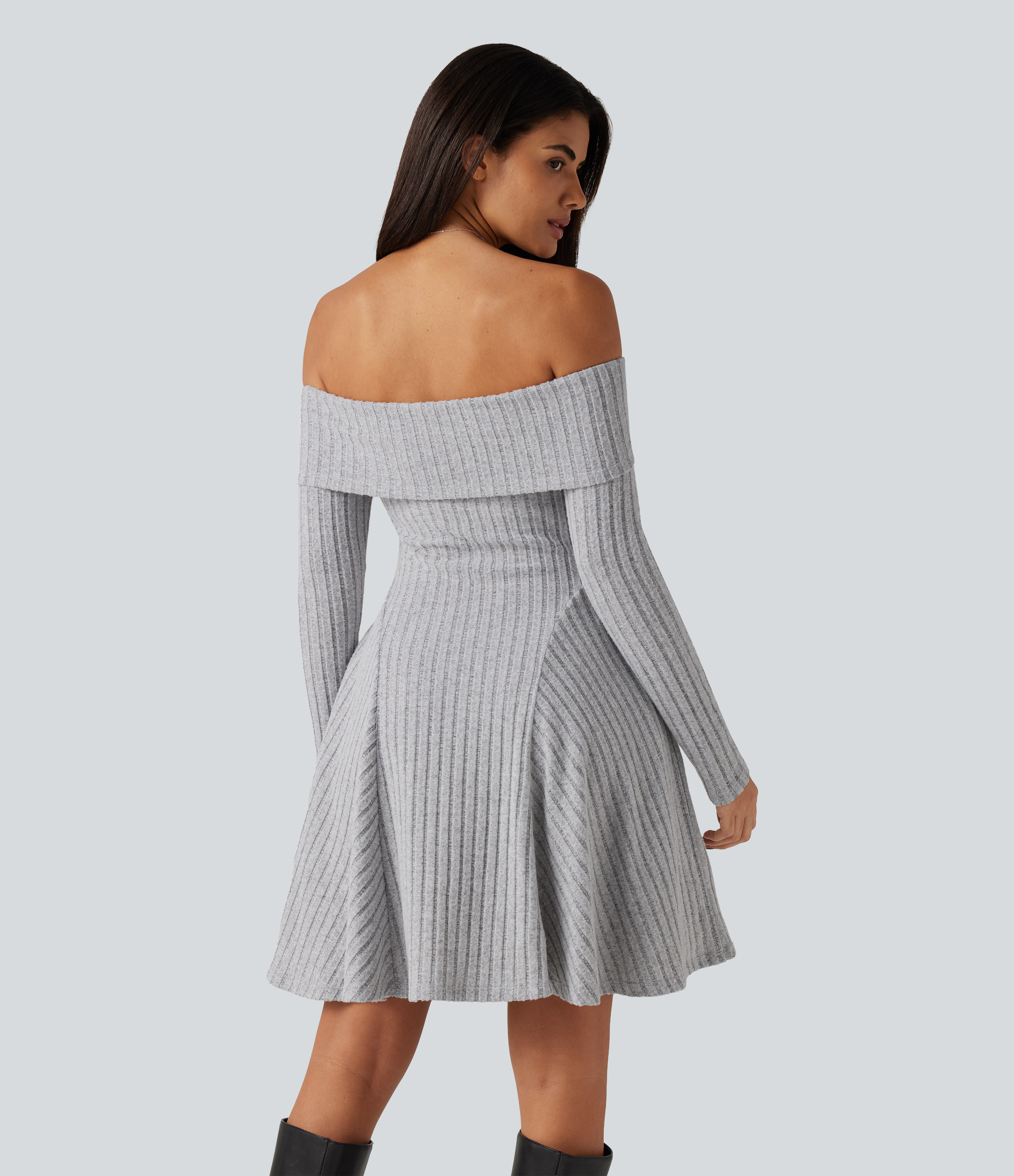 Frosted Slate Robe mini en maille côtelée à épaules dénudées, manches longues, coussinets amovibles et poches / 2