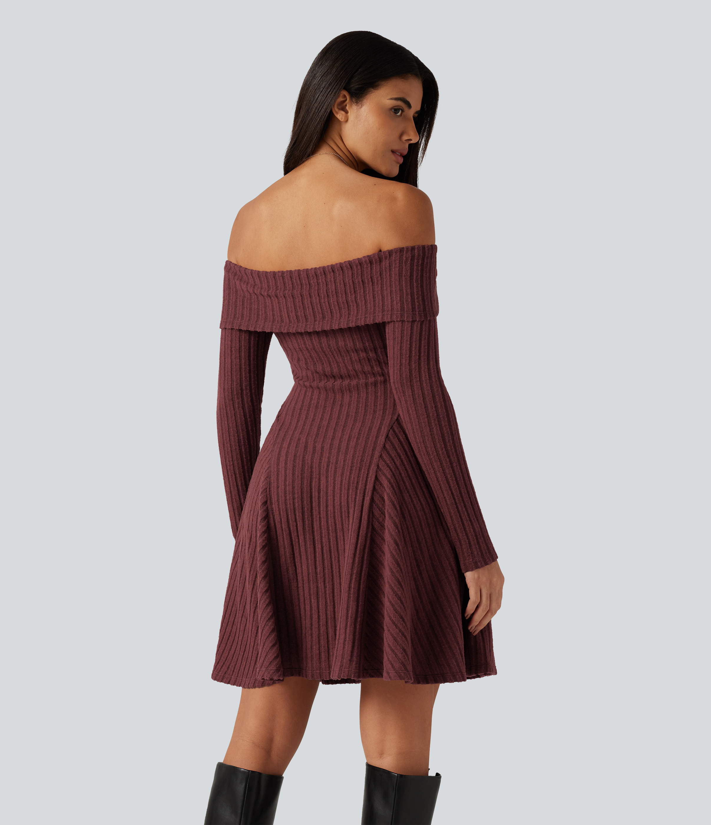 Pomegranate Ribbed Knit Off Shoulder Long Sleeve Built-in Bra Mini Casual Dress with Pockets / 2
