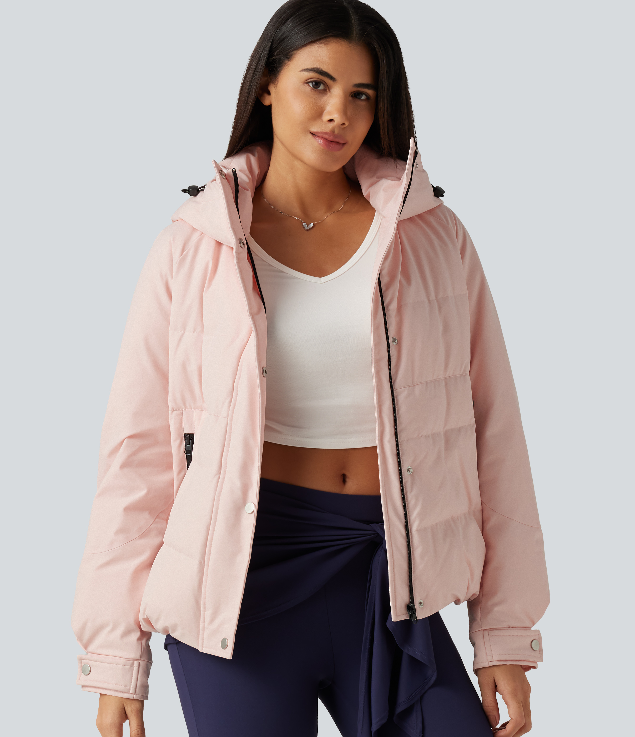 Hooded Long Sleeve Plaid Casual Down Jacket with Pockets
