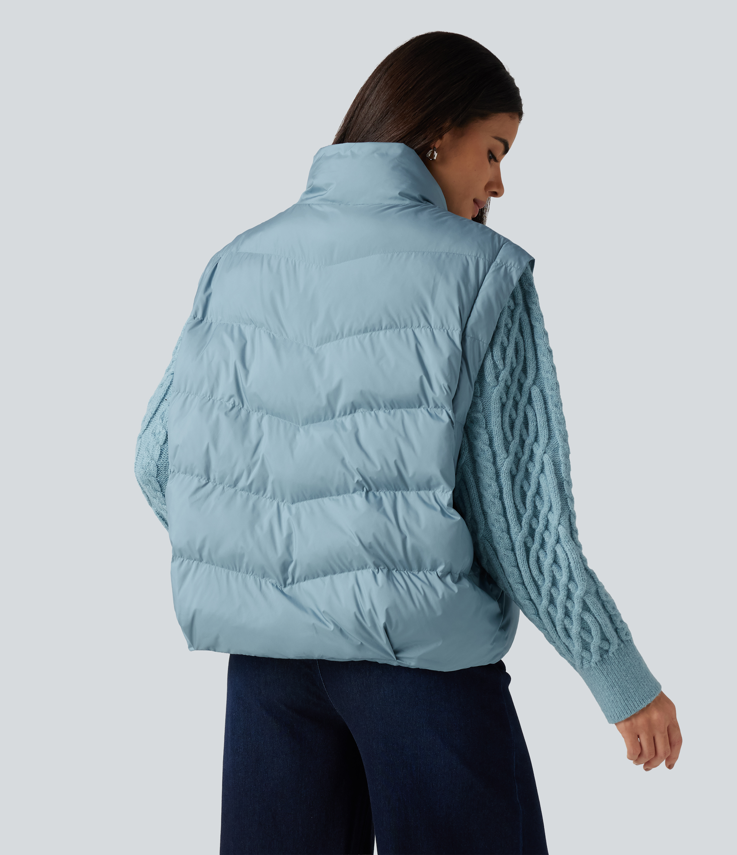 Light Foggy Blue High Neck Long Sleeve Casual Padded Jacket with Pockets / 2