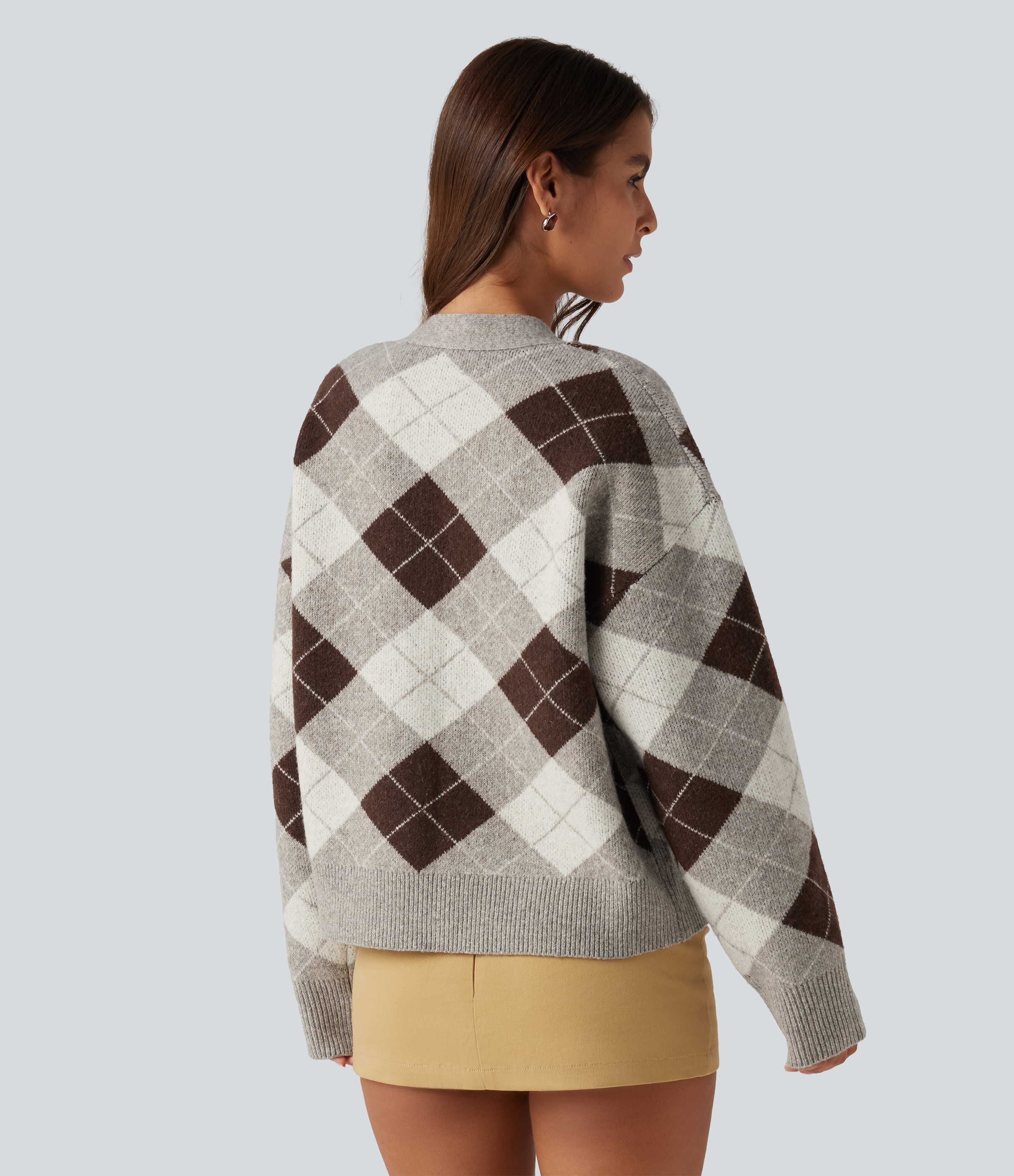 Espresso Shadow Plaid Cardigan à encolure en V, manches longues et motif à carreaux / 2