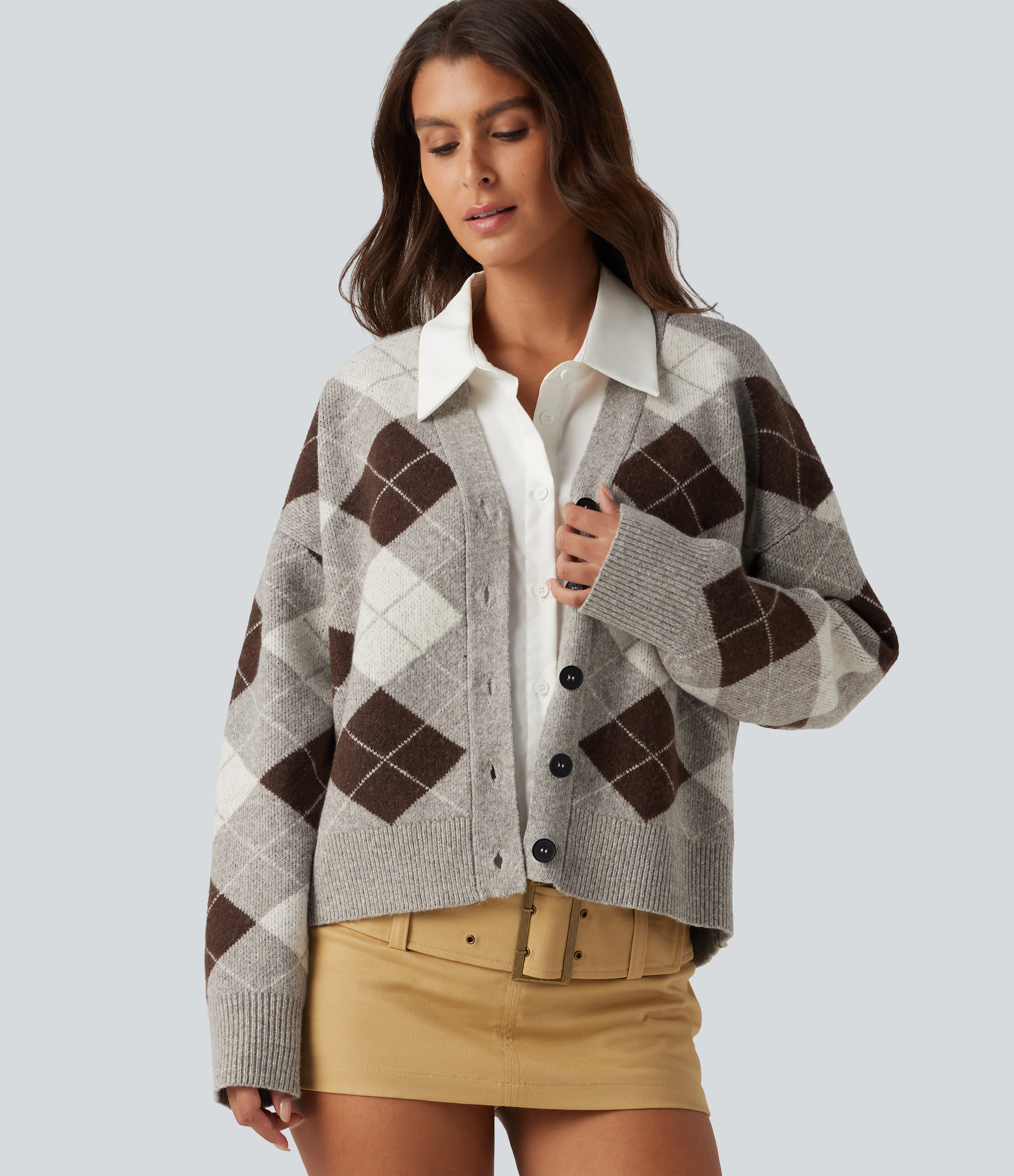 V Neck Long Sleeve Plaid Casual Cardigan 