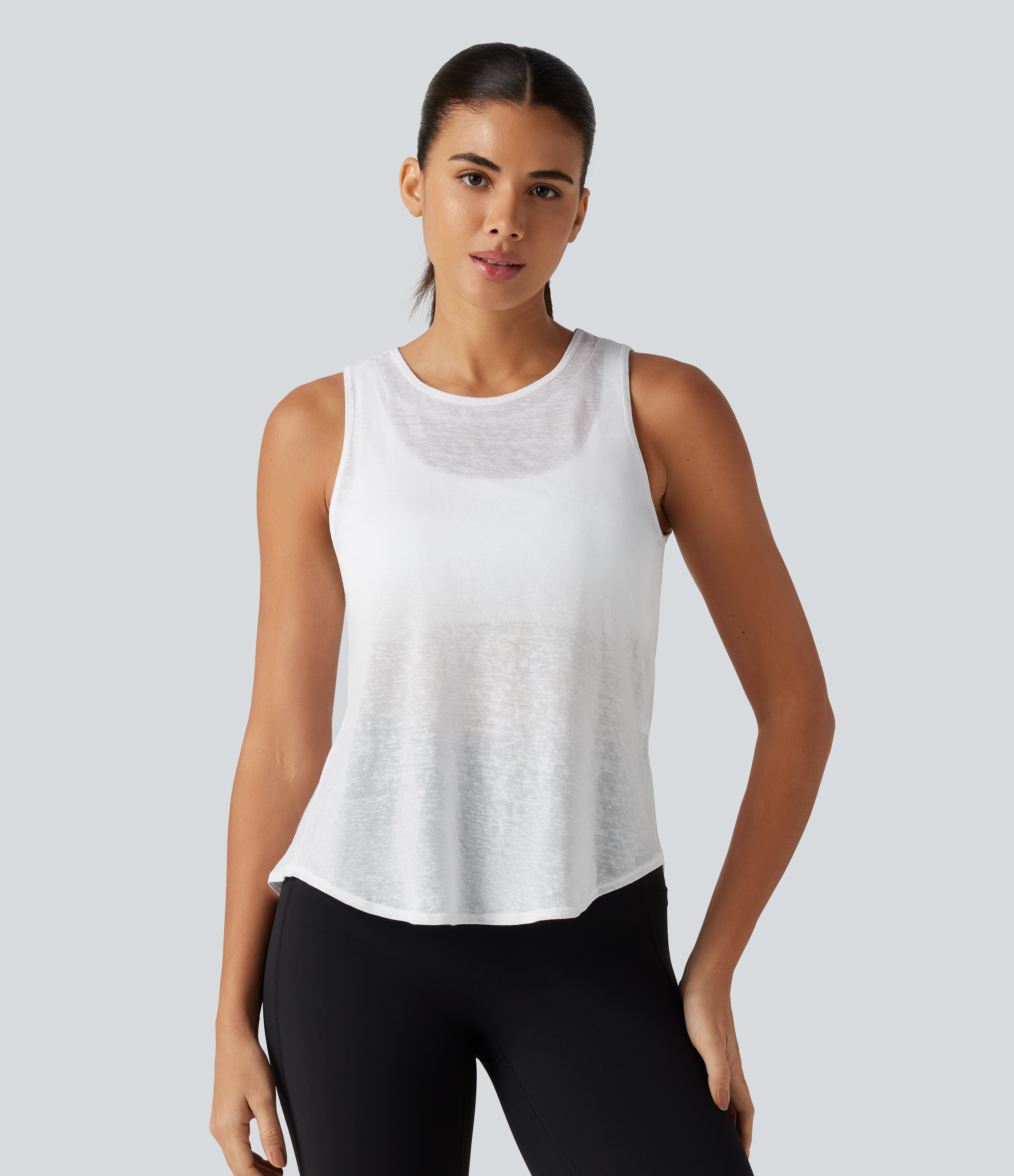 Blanc Débardeur de sport à encolure arrondie, ourlet arrondi et coussinets amovibles / 2