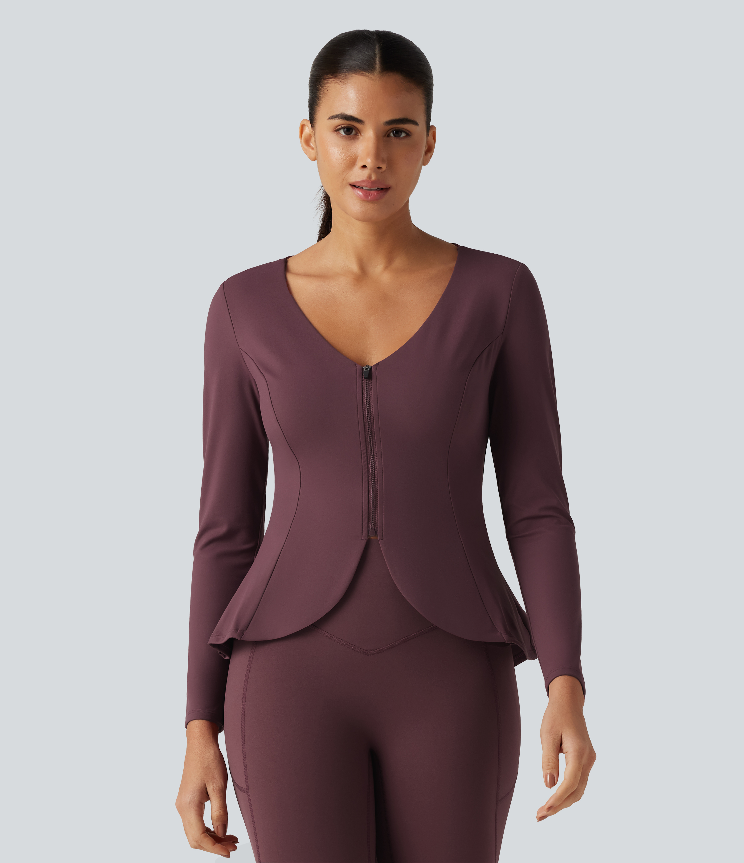 SoftlyZero™ Plush V Neck Long Sleeve Slim Ruffle Hem Yoga Jacket with Pockets