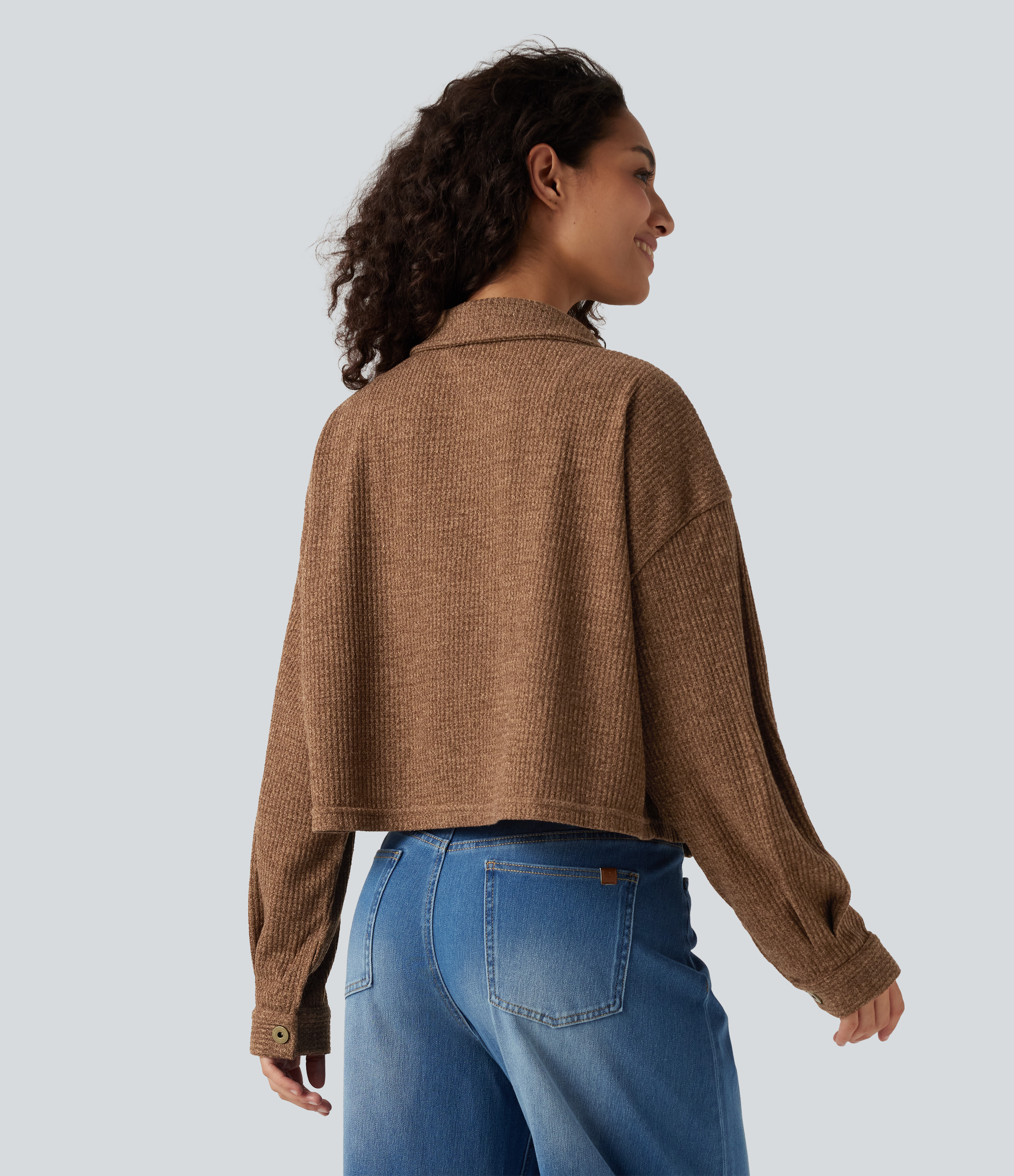 Toffee Long Sleeve Knit Waffle Casual Jacket with Pockets / 2