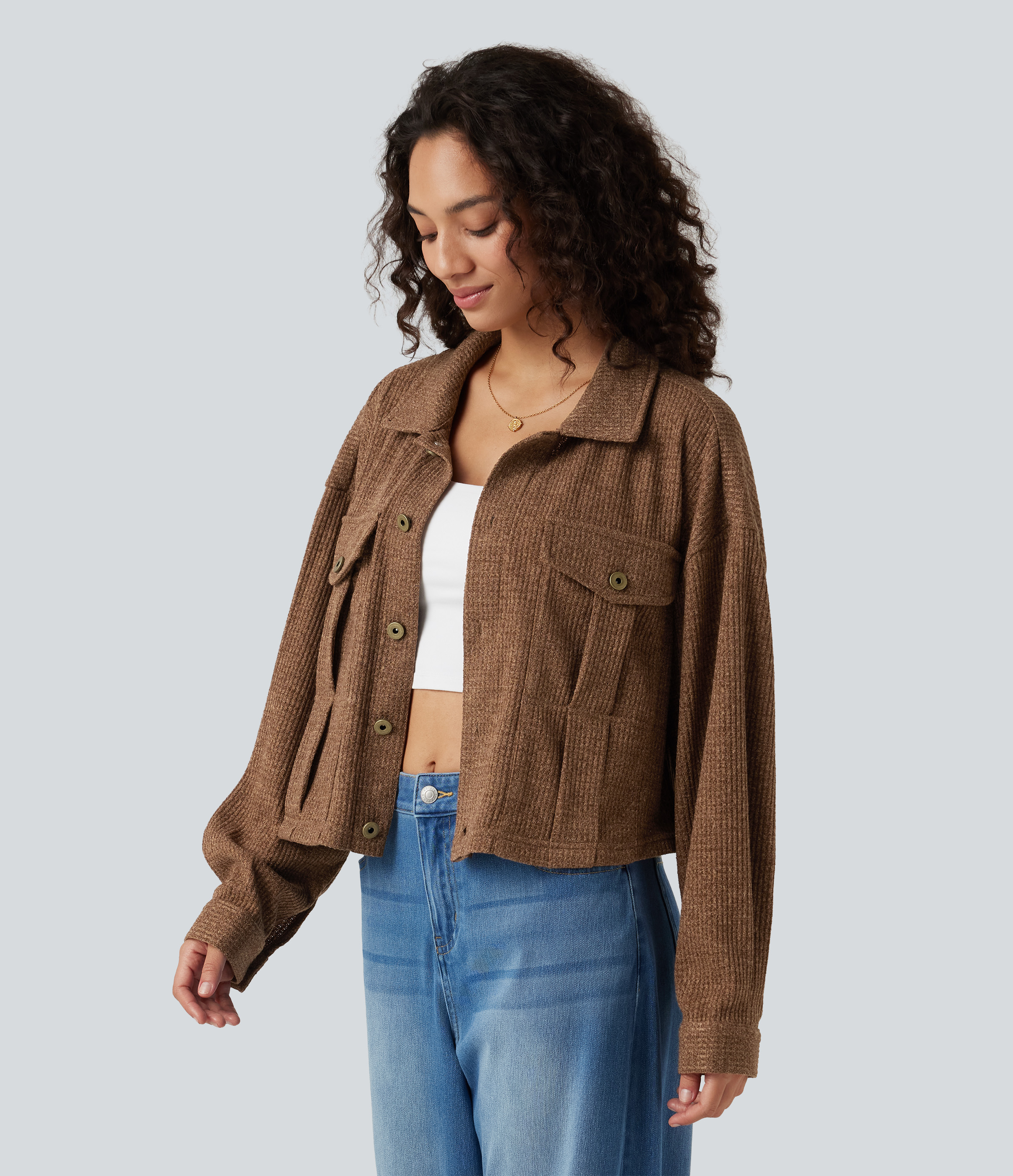 Long Sleeve Knit Waffle Casual Jacket with Pockets