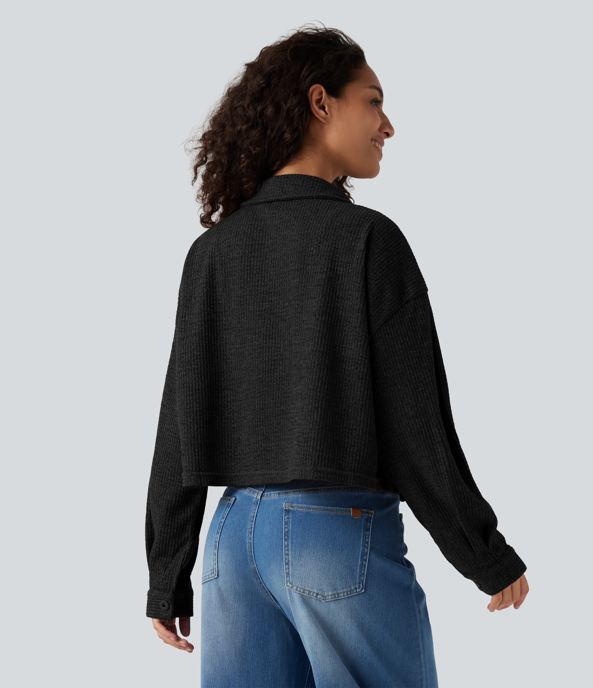 Black Long Sleeve Knit Waffle Casual Jacket with Pockets / 2