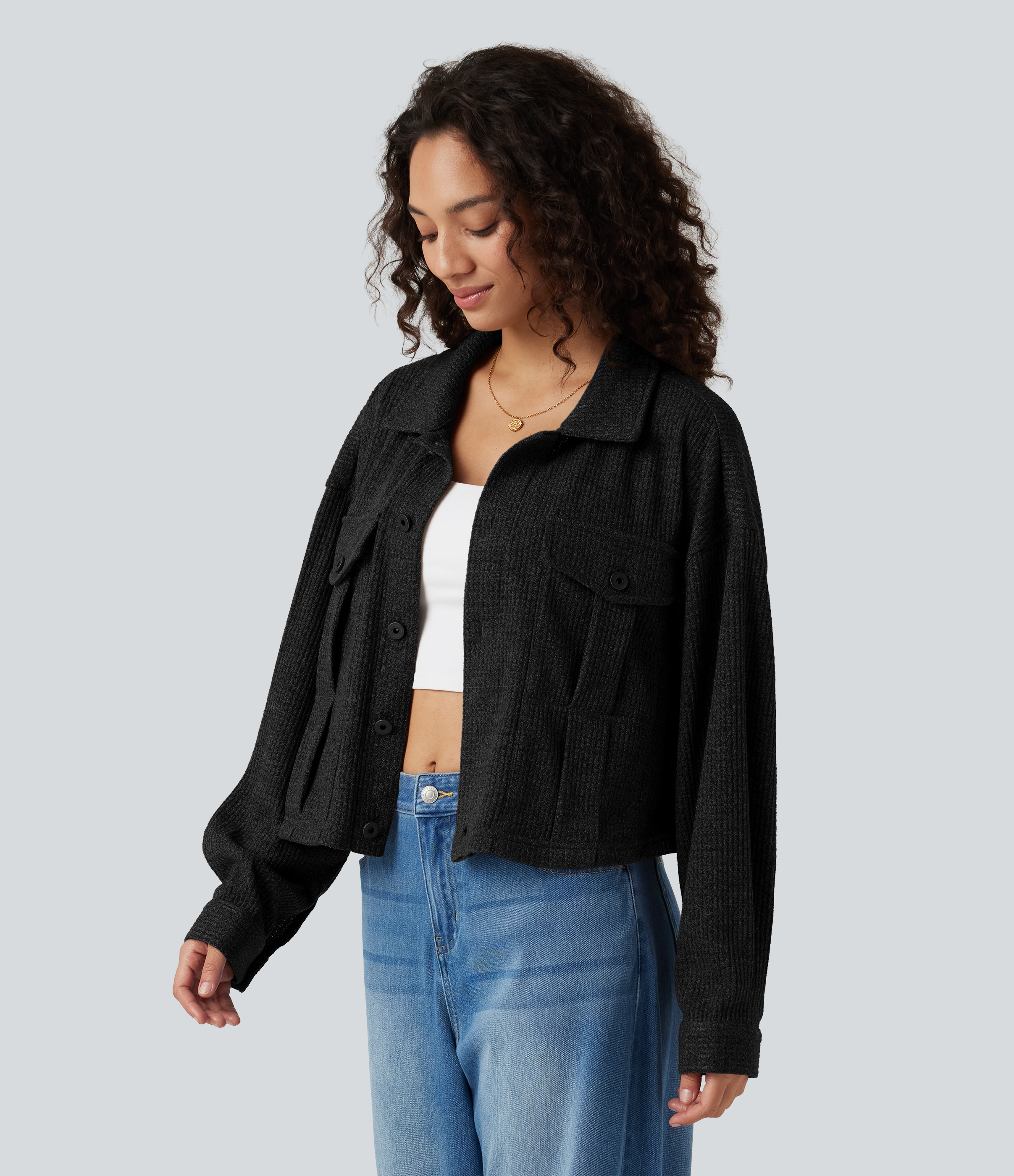 Black Long Sleeve Knit Waffle Casual Jacket with Pockets / 1