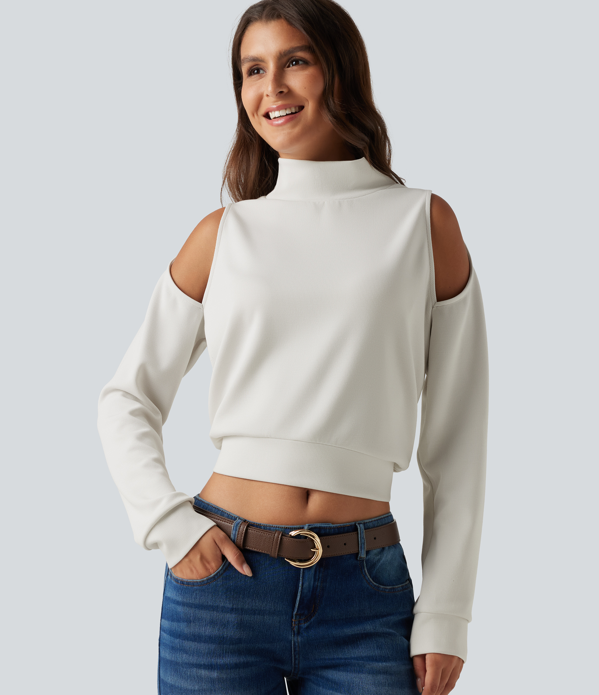 Mock Neck Cold Shoulder Long Sleeve Casual Sweatshirt