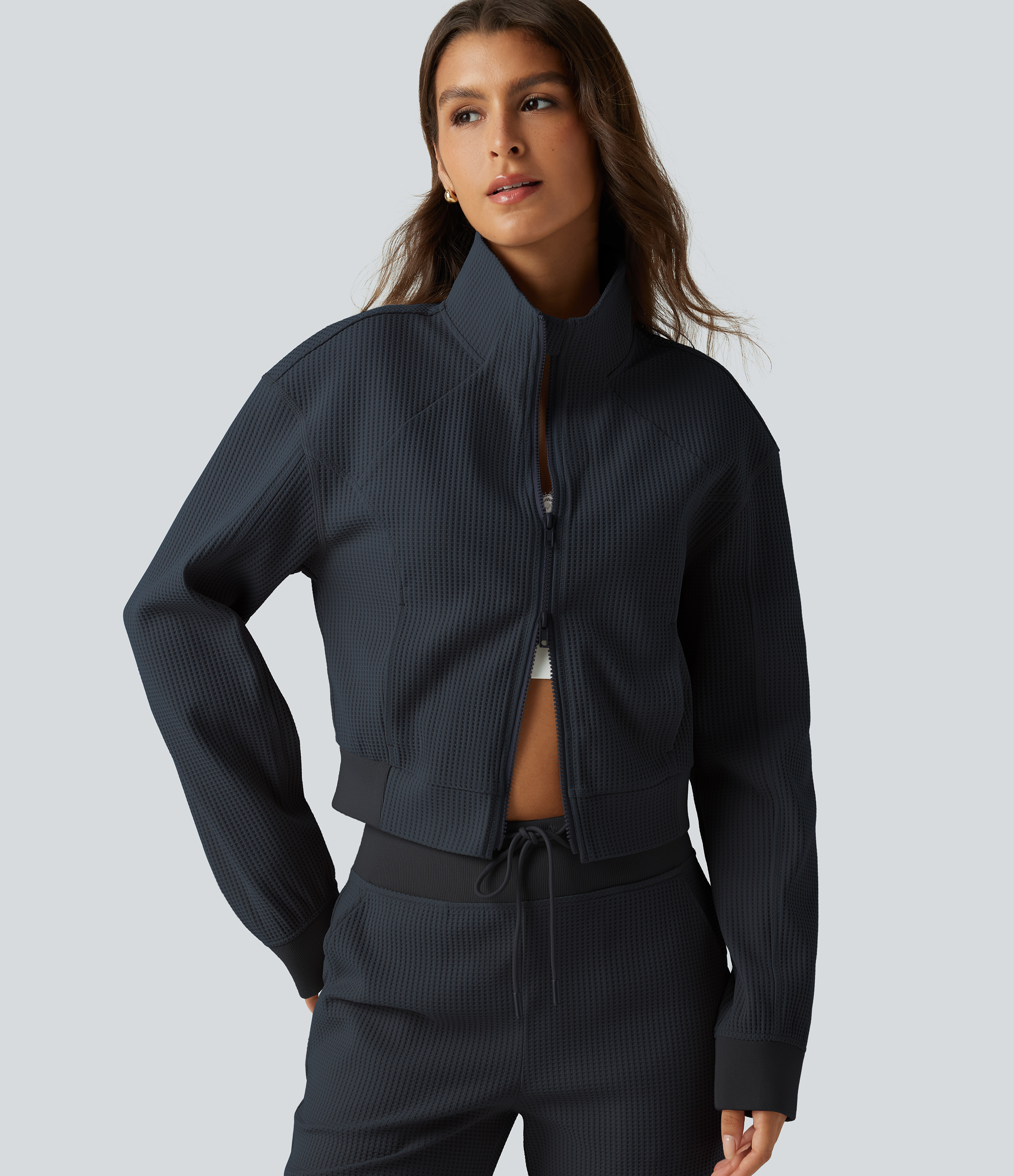 Stand Collar Raglan 2-Way Zipper Long Sleeve Waffle Casual Jacket with Pockets