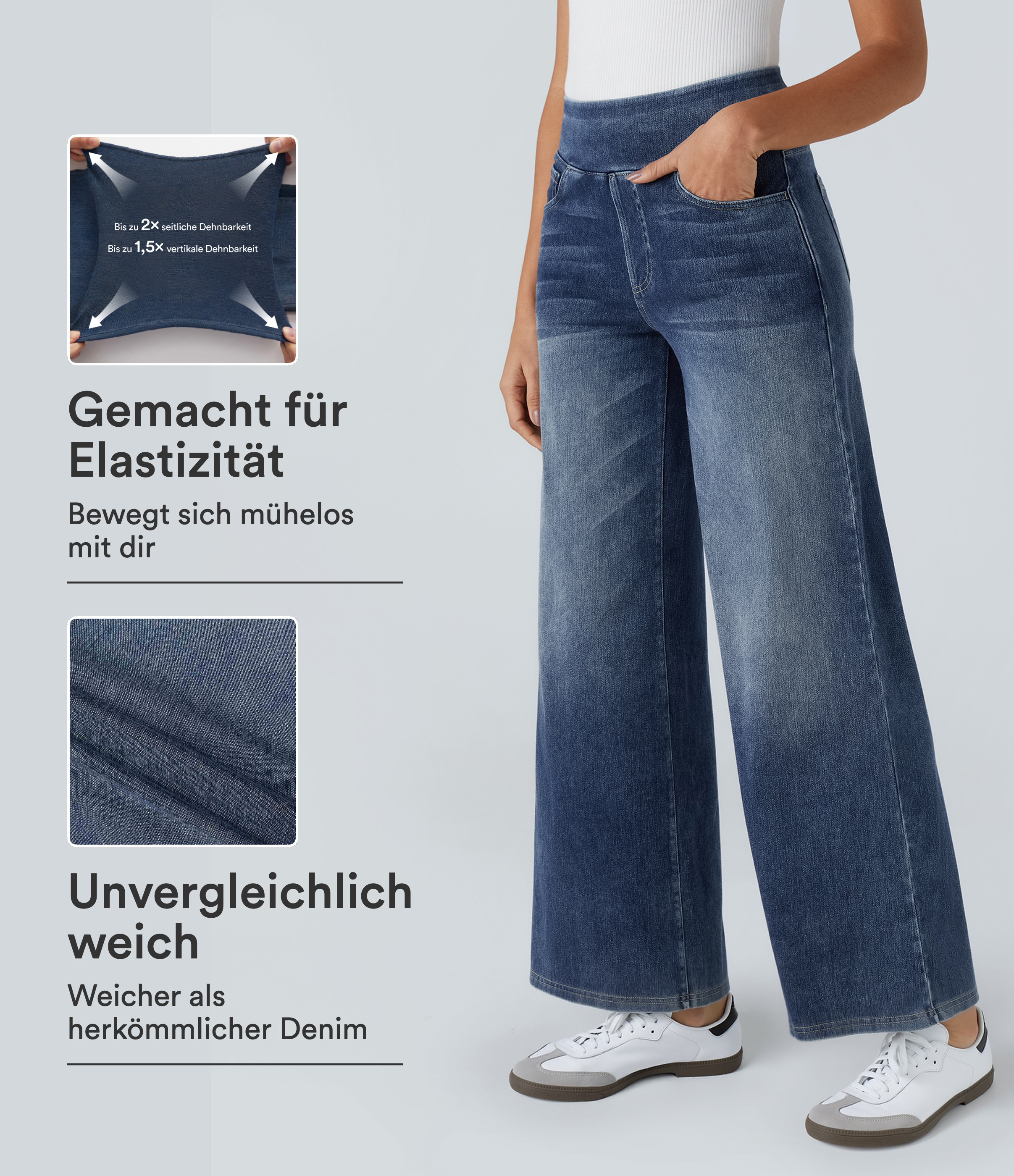 Halara Flex™ Baggy Jeans aus verwaschenem Stretch-Strick mit hohem Bund, mehreren Taschen und weitem Bein, Wide Leg Jeans