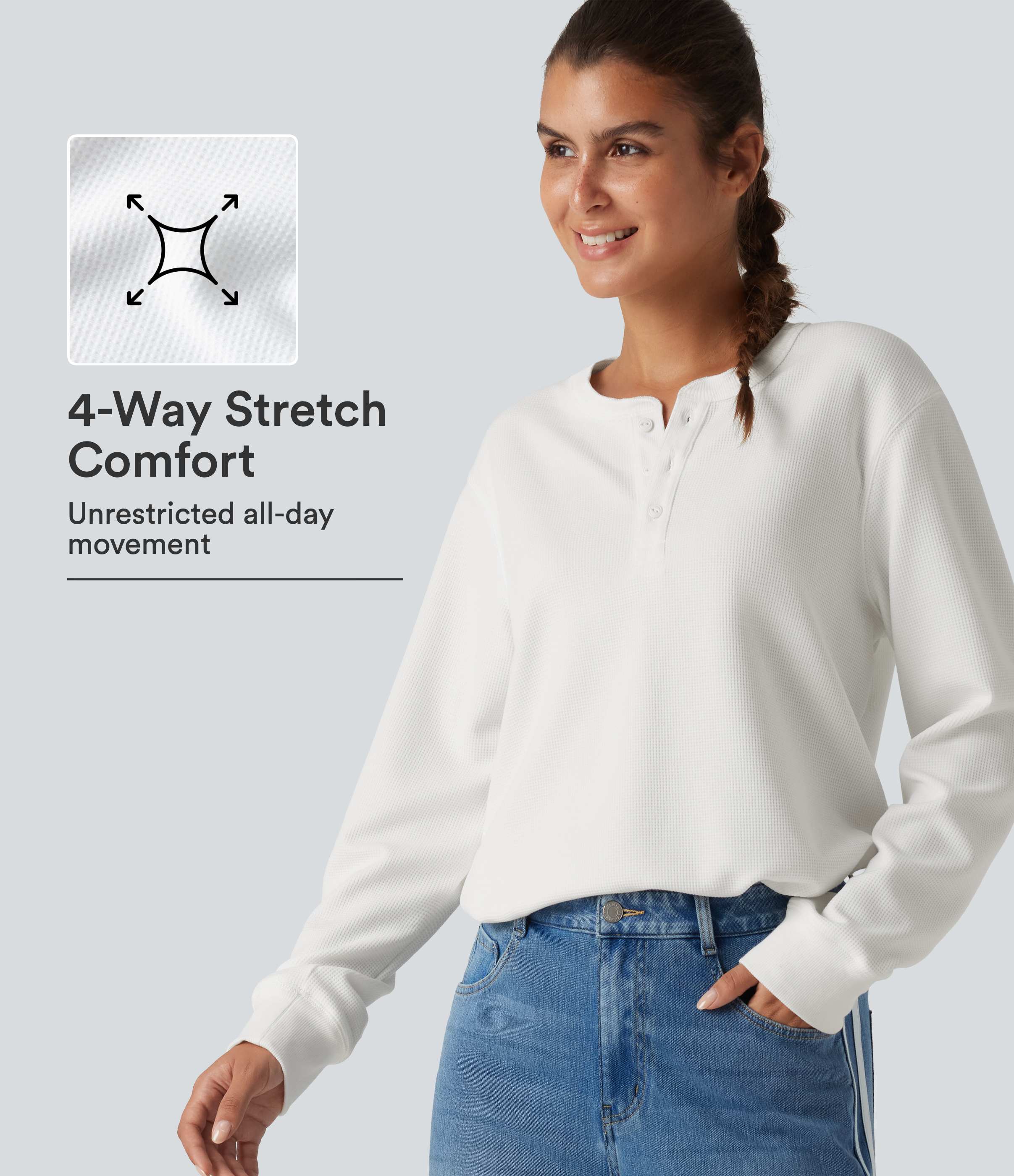 White Henley Neck Long Sleeve Waffle Casual Top / 1