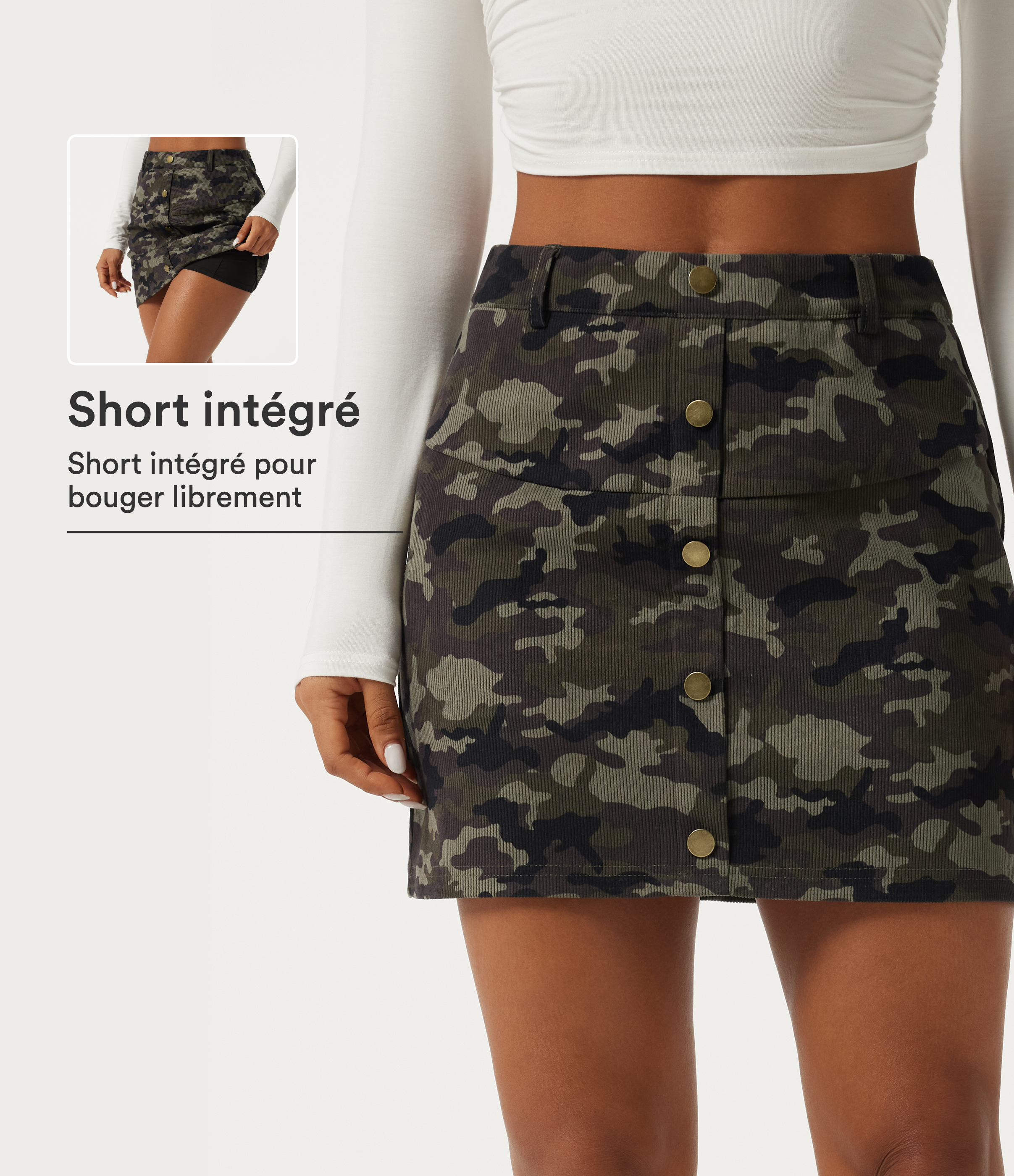 Jupe-short mini taille haute coupe trapèze à imprimé camouflage avec poche