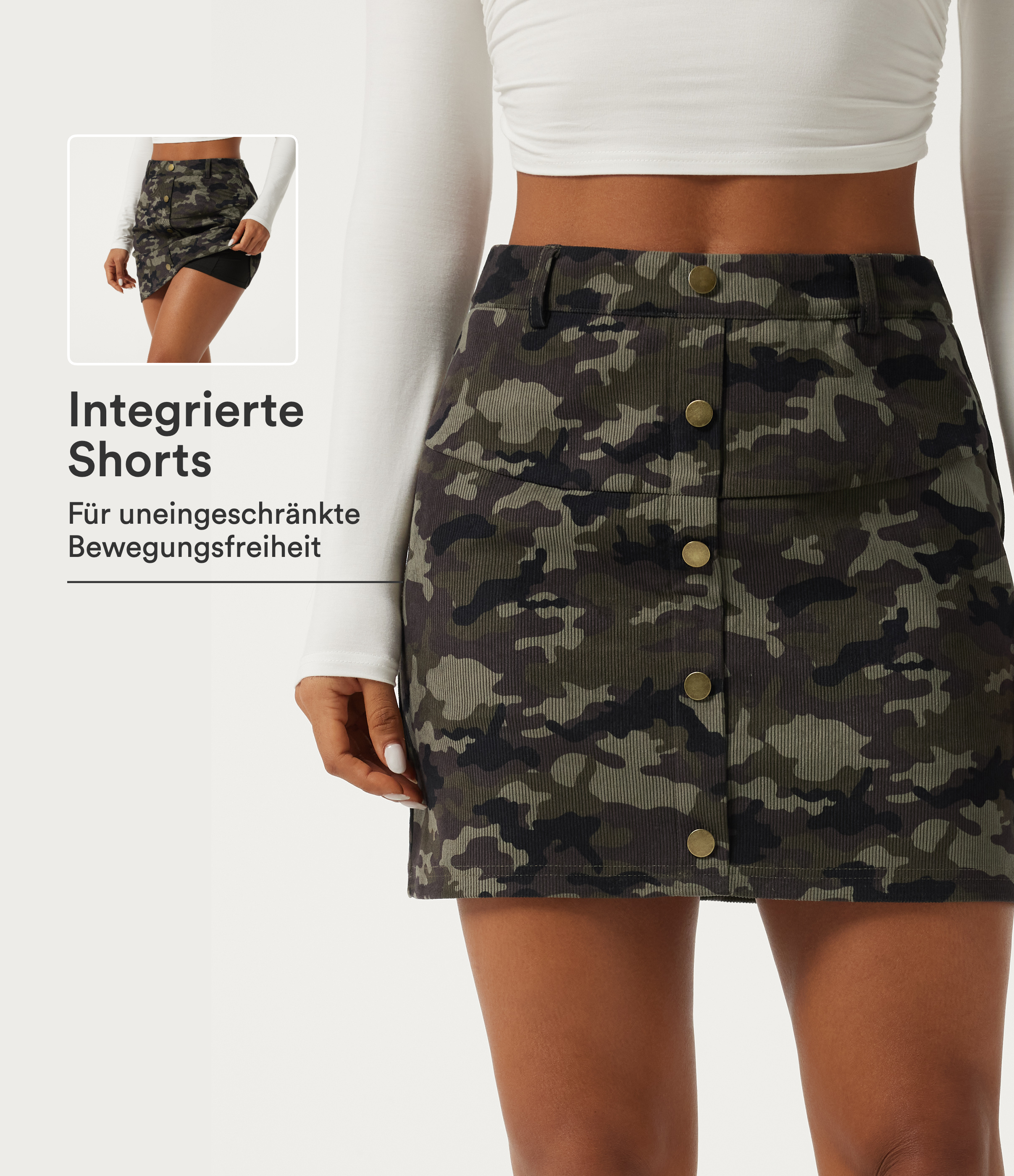 Lässiger 2-in-1 Minirock in A-Linie mit hohem Bund, Seitentasche und Camouflage-Muster