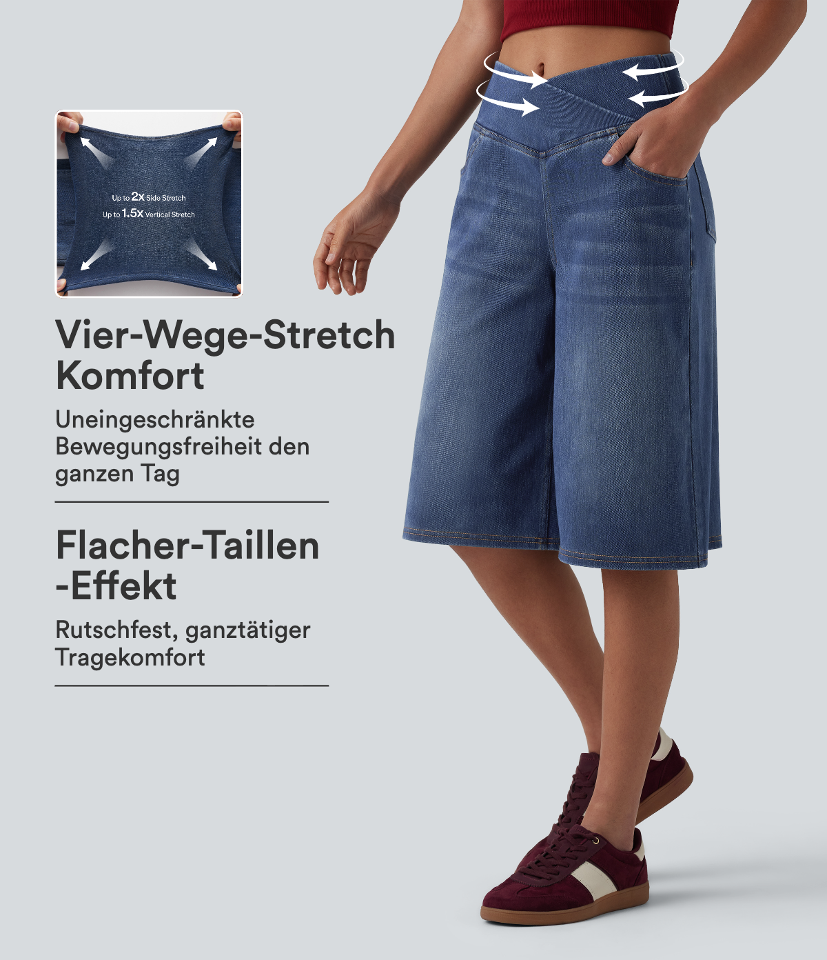 Halara Flex™ - Lässige Baggy-Denim-Shorts mit hohem Crossover-Bund und mehreren Taschen