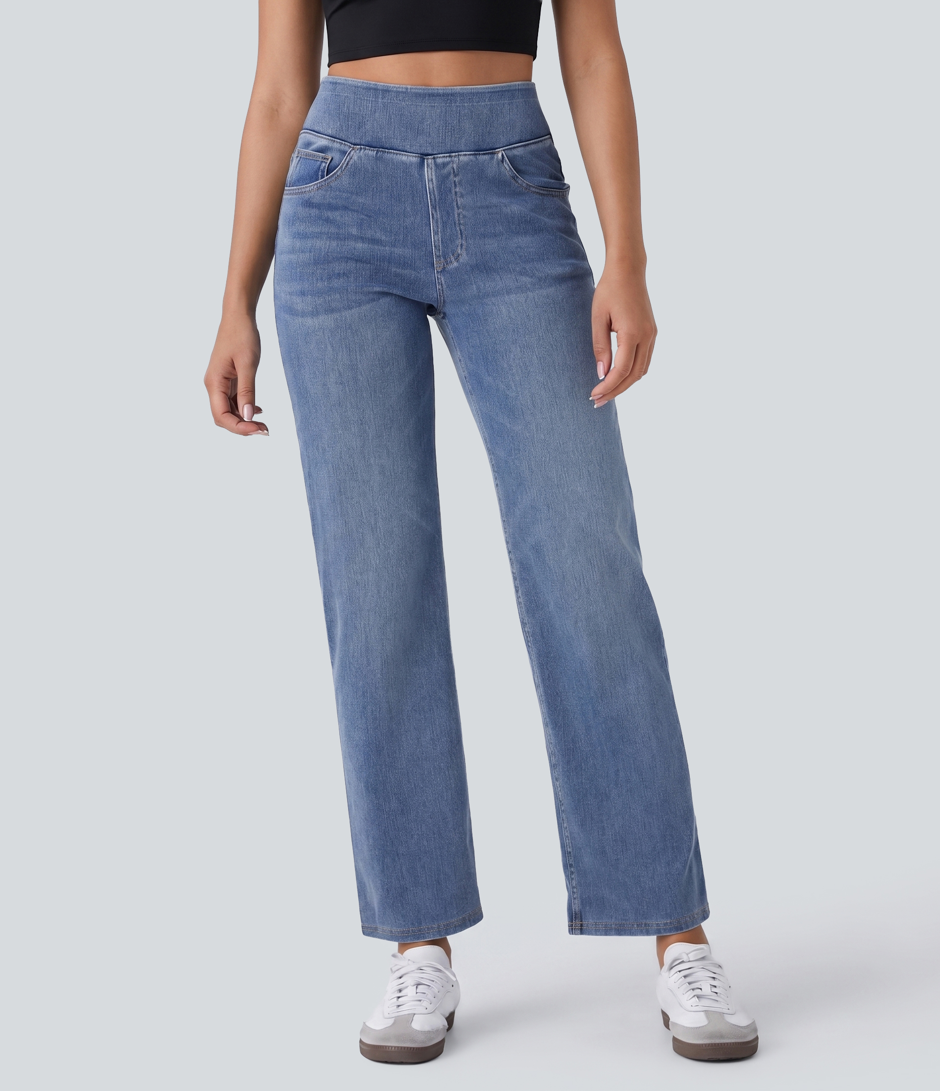 Halara Flex™ High Waisted Pockets Straight Leg Washed Women Casual Denim Jeans