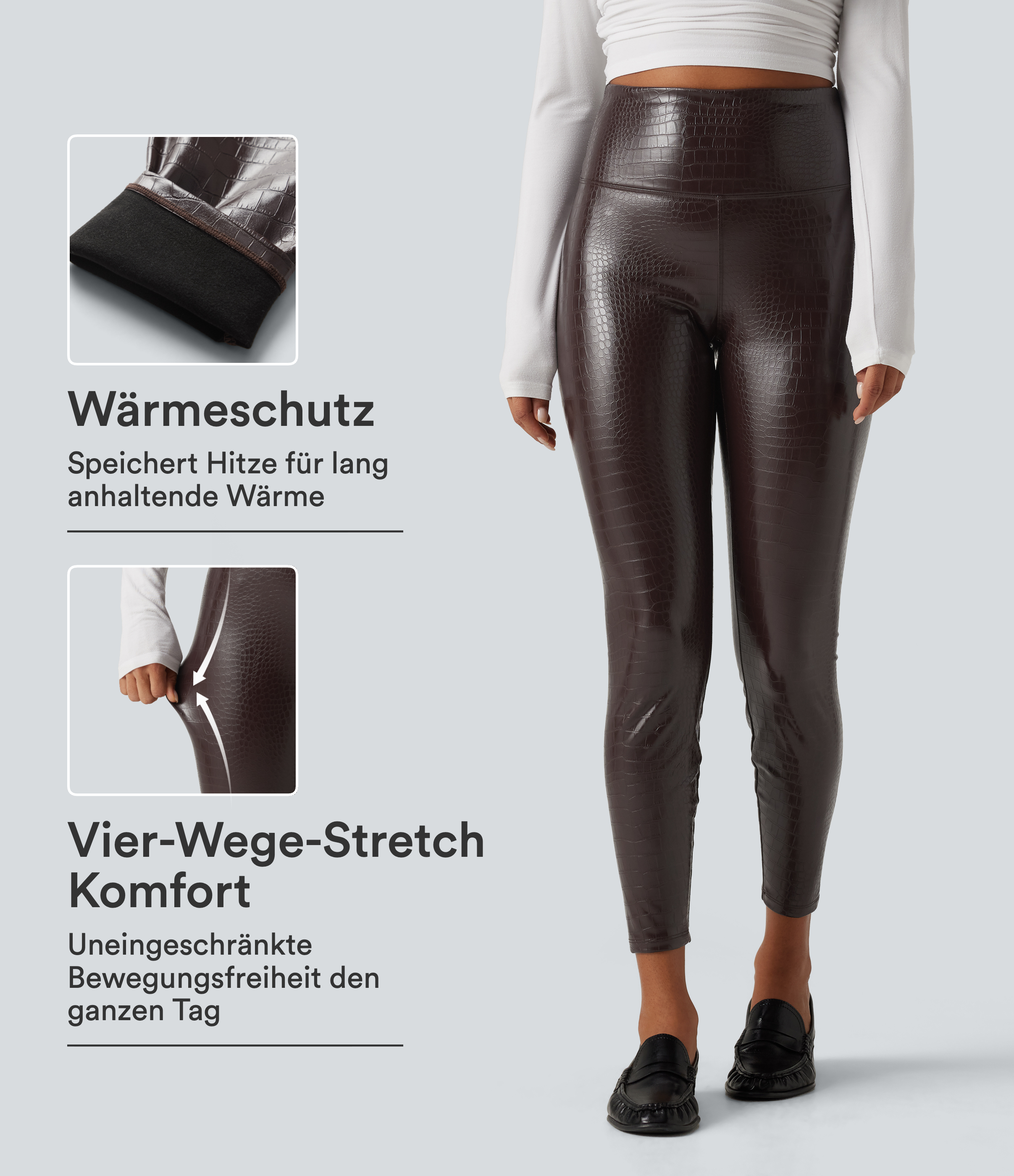 Lässige Fleece-Leggings aus elastischem Kunstleder mit hohem Bund, Gesäßtaschen, Bauchkontrolle und Schlangenhaut-Print - skinny fit