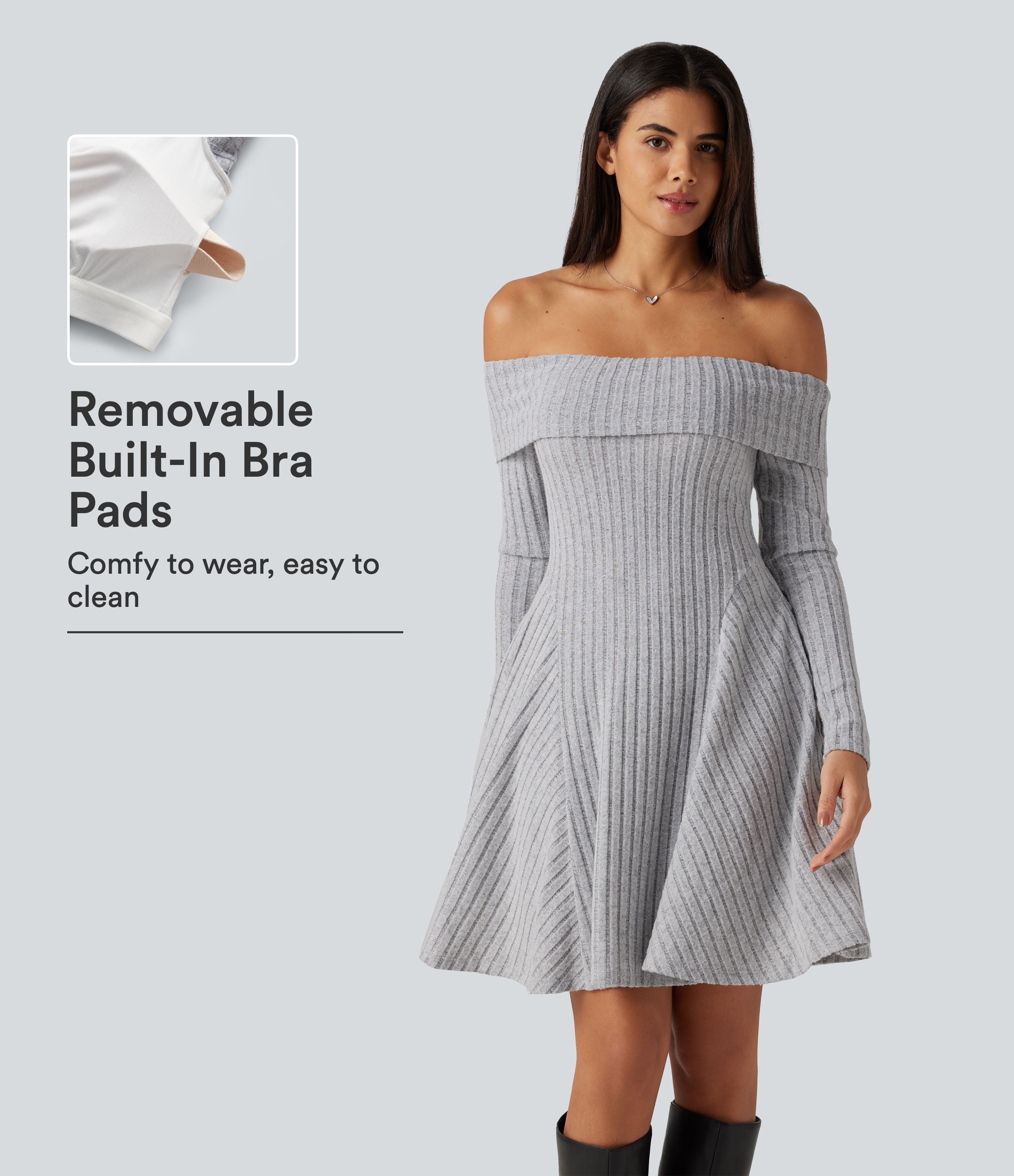 Ribbed Knit Off Shoulder Long Sleeve Built-in Bra Mini Casual Dress with Pockets