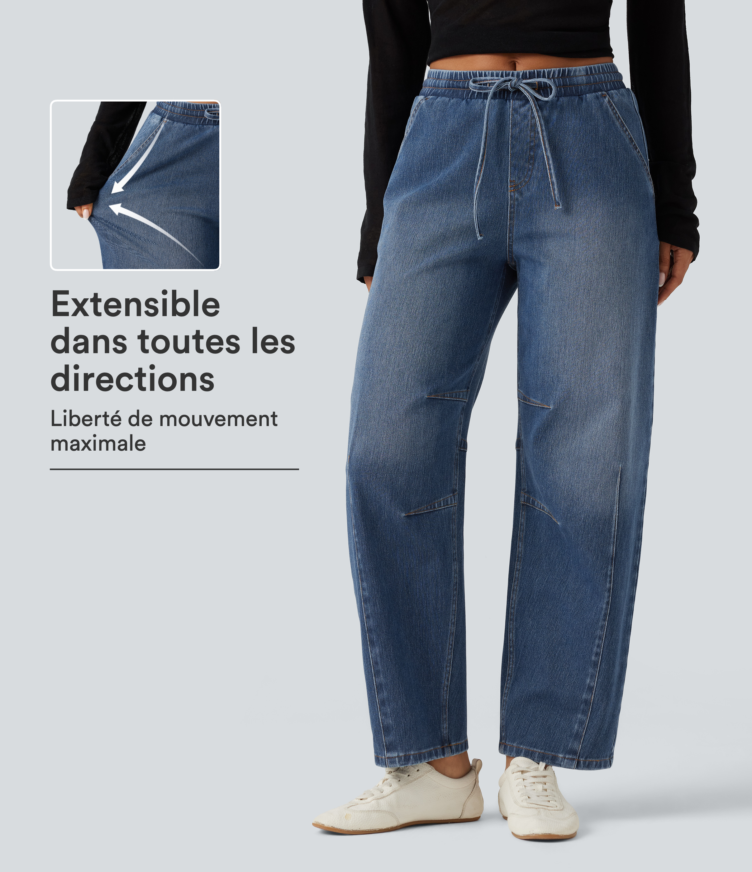 Tide Blue Denim Jean Halara Flex™ taille mi-haute à cordon de serrage, coupe barrel avec poches / 1