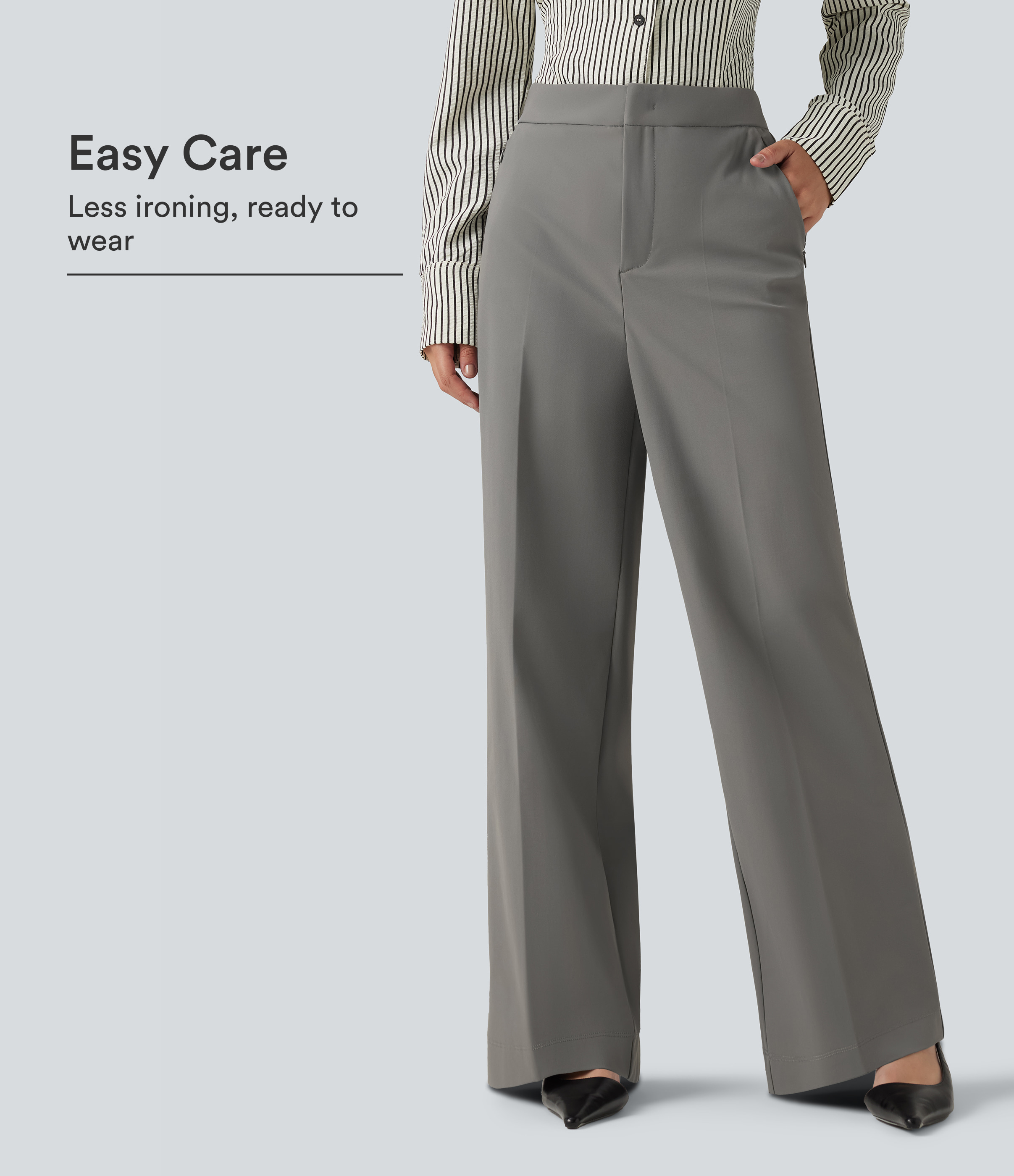 Wrinkle Recovery High Waisted Baggy Work Pants with Pockets