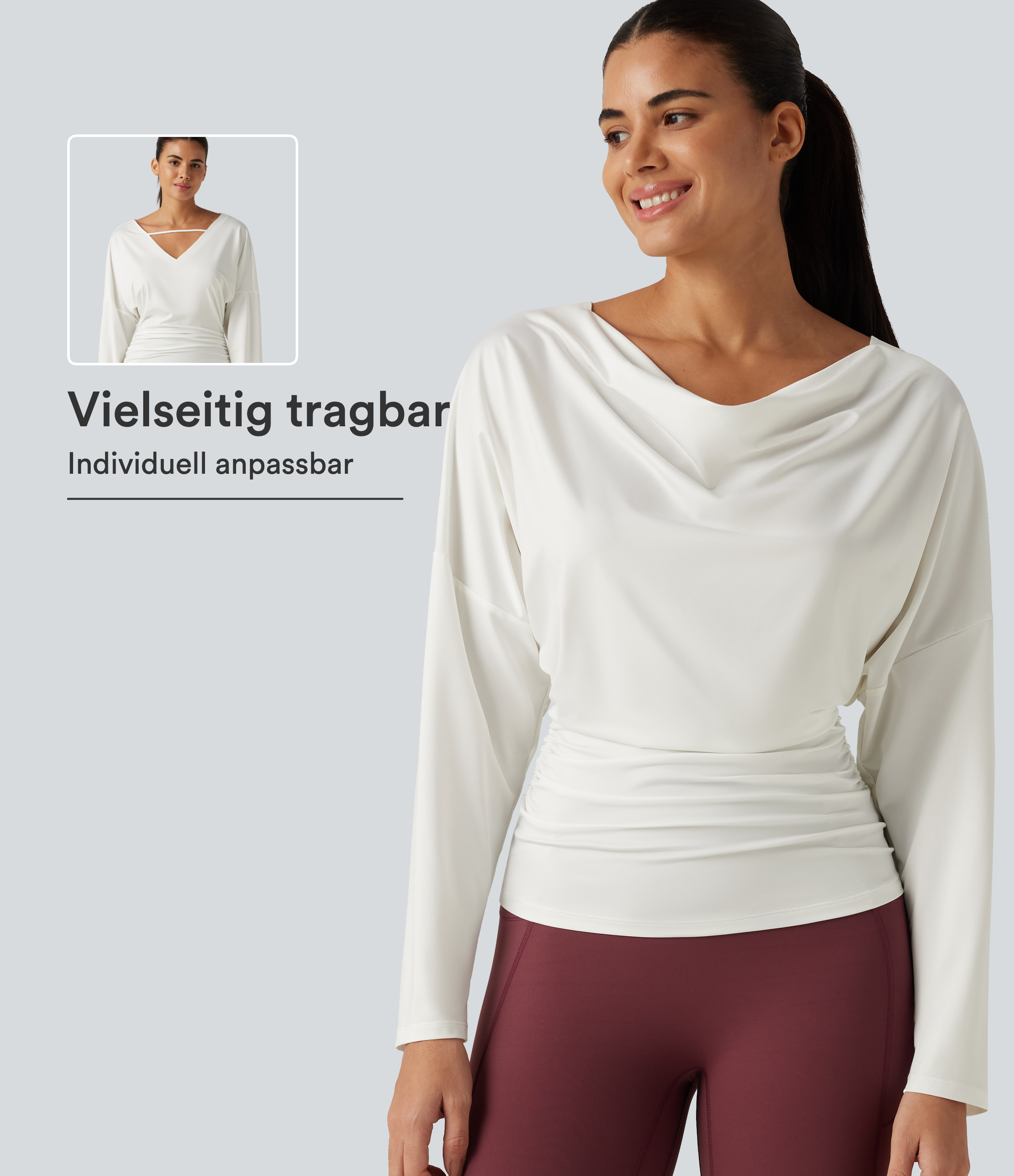 Yoga-Sport-Top mit Wasserfallausschnitt, langen Ärmeln und Cut-Outs