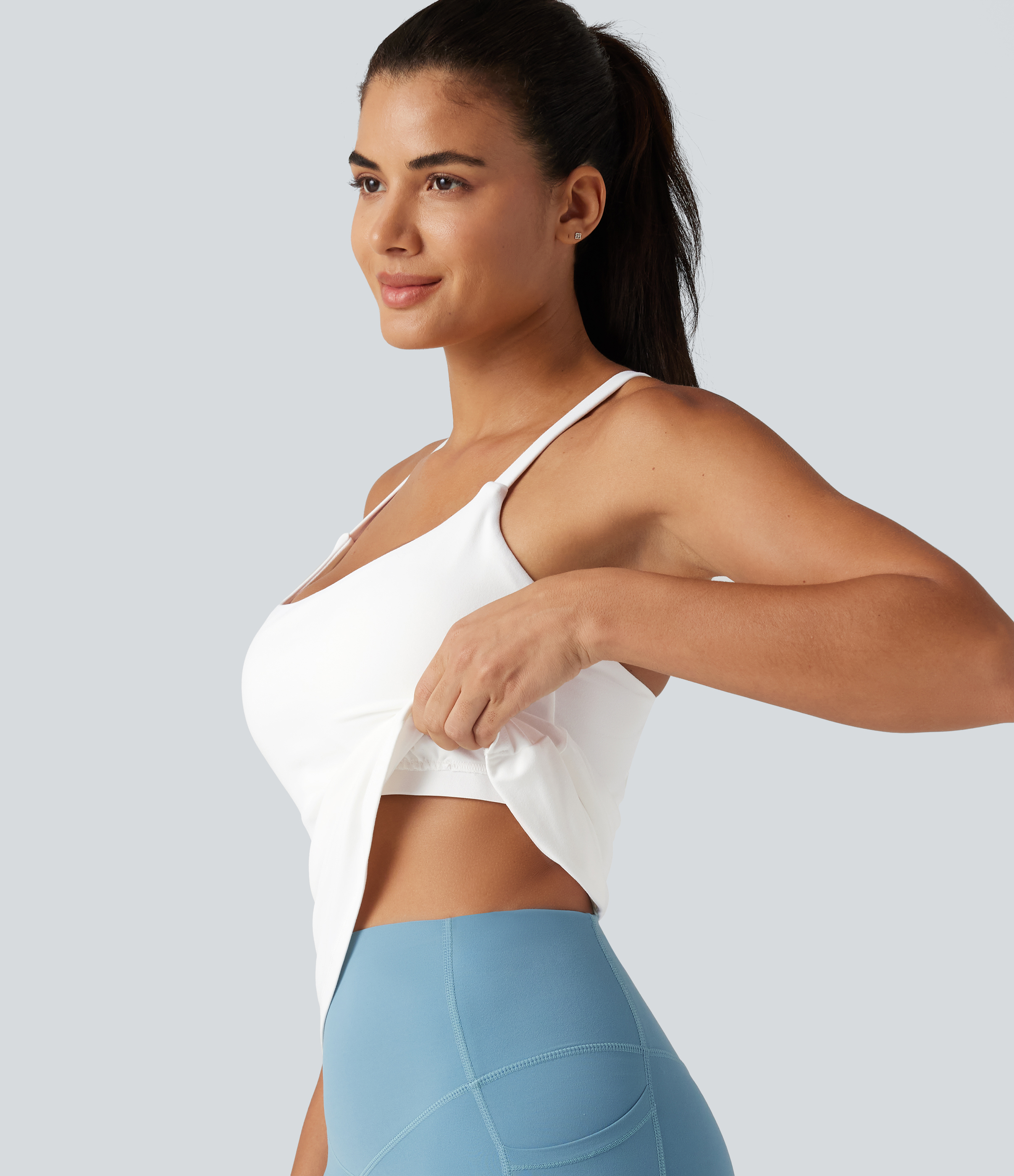 Scoop Neck Crisscross Back Crossover Hem Built-in Bra Yoga Cami Top DD-F Cups-Longer Length