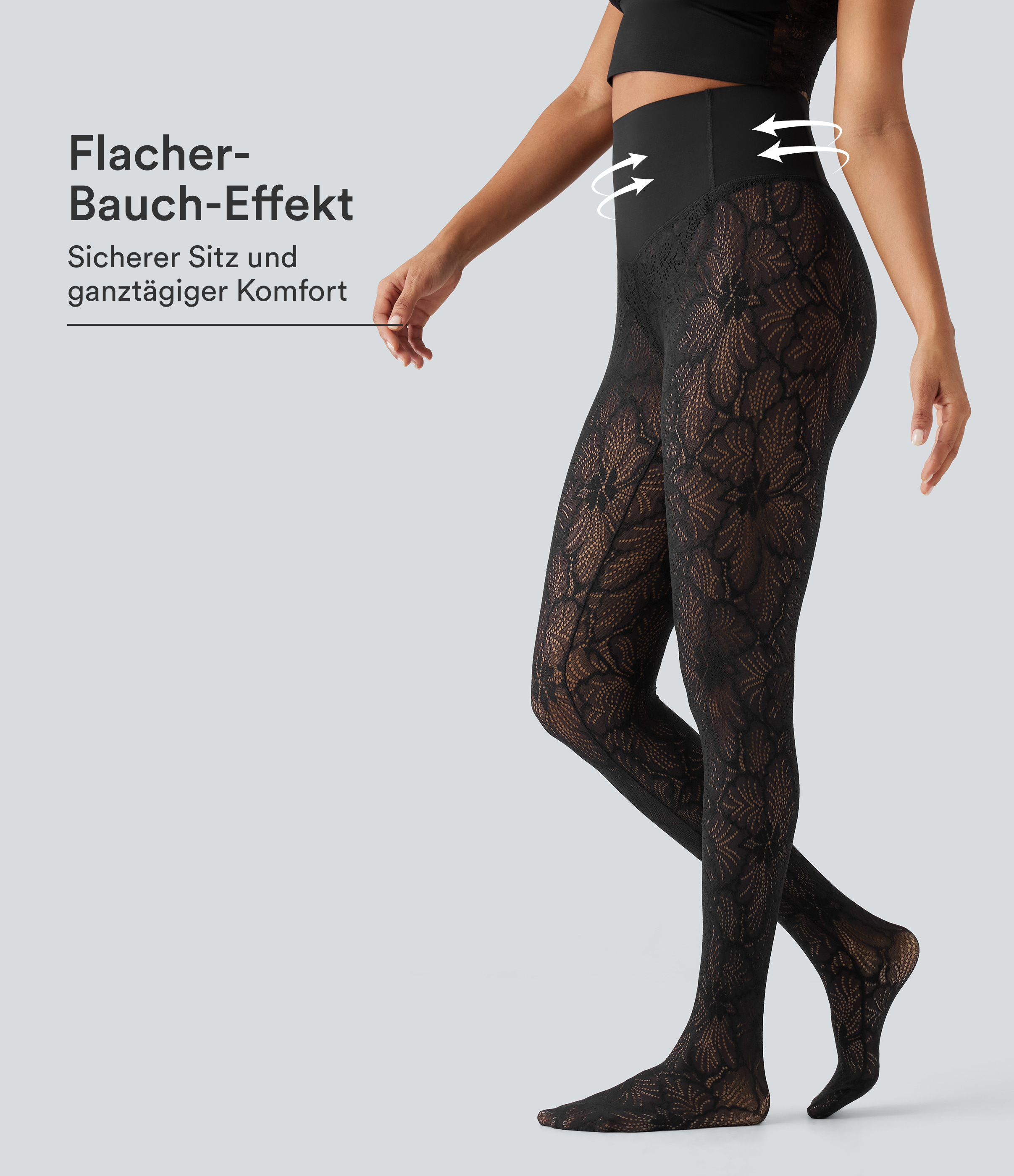Schwarz Lässige Leggings mit hohem Bund, Bauchkontrolle und Kontrastspitze / 1
