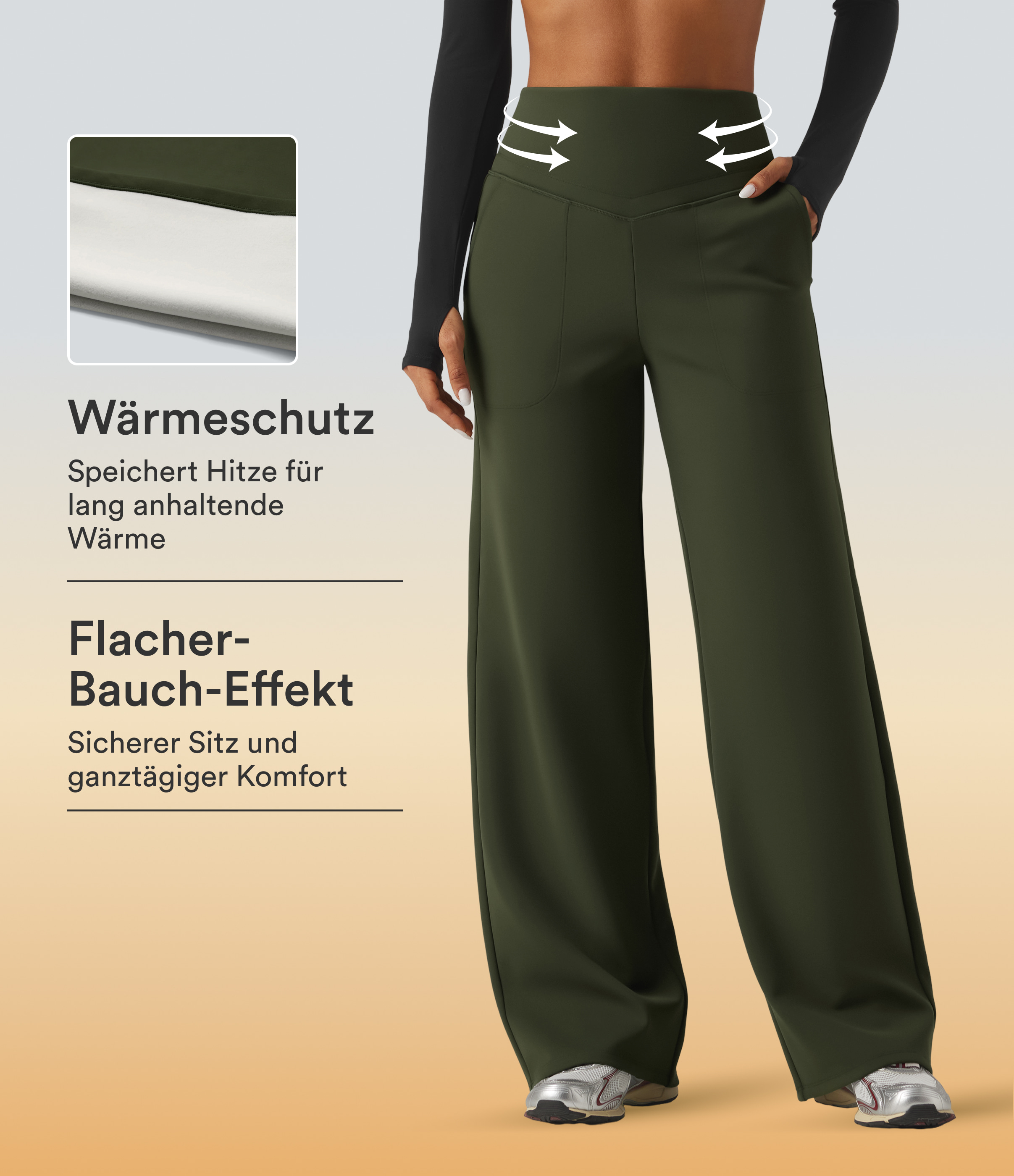 Fleece-Yogahose mit hohem Bund, Seitentaschen, Bauchkontrolle und geradem Bein